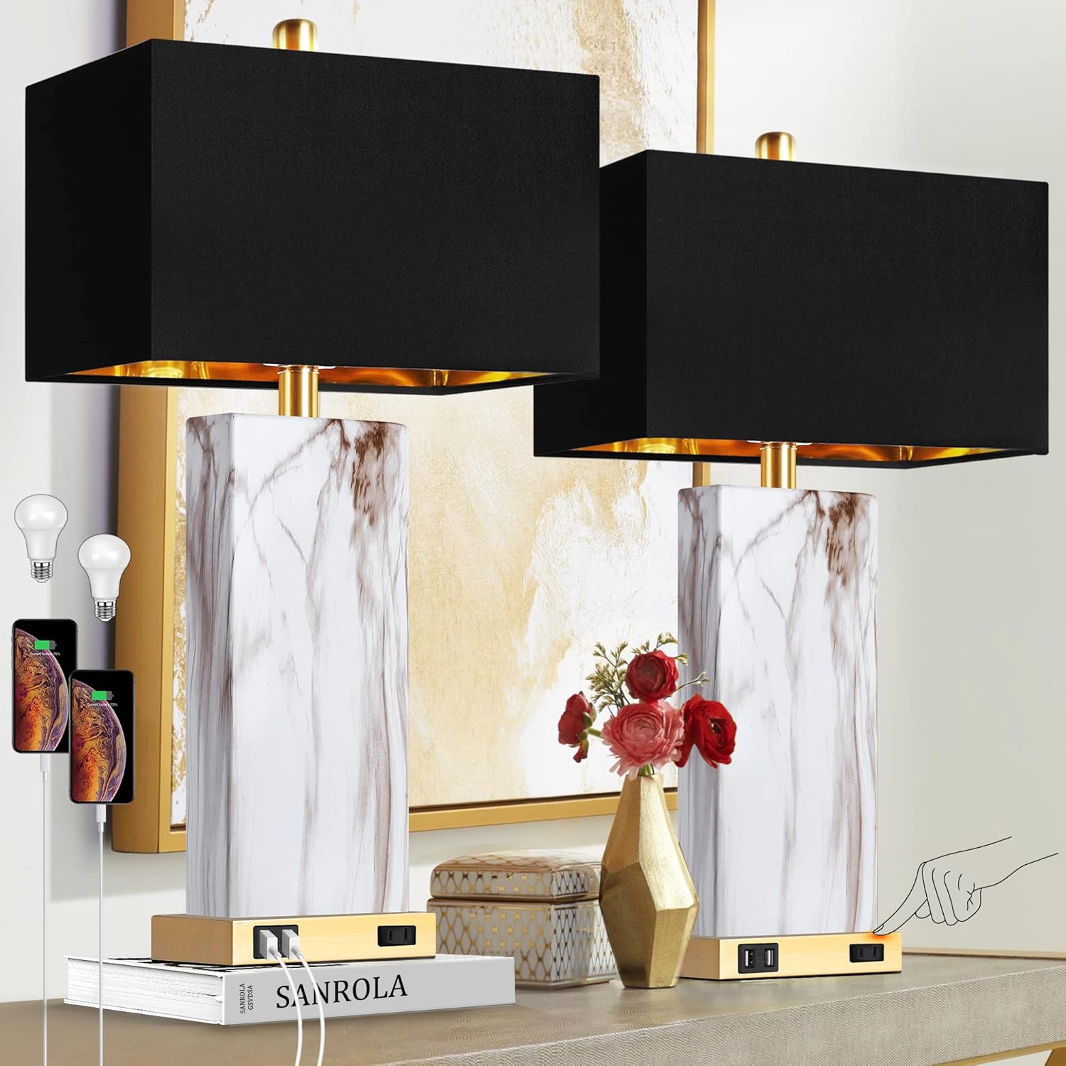 Marble Touch-Control Table Lamp with USB Charging Ports, Black Shade, Set of 2