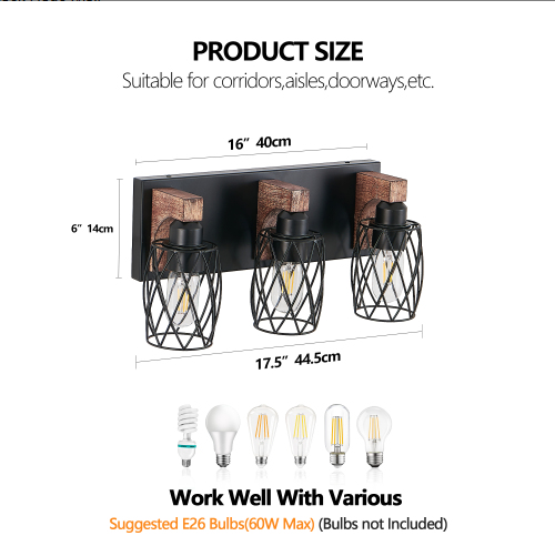 18inch Industrial Vintage 3-Light Wall Sconce - Black Cage Wall Lighti