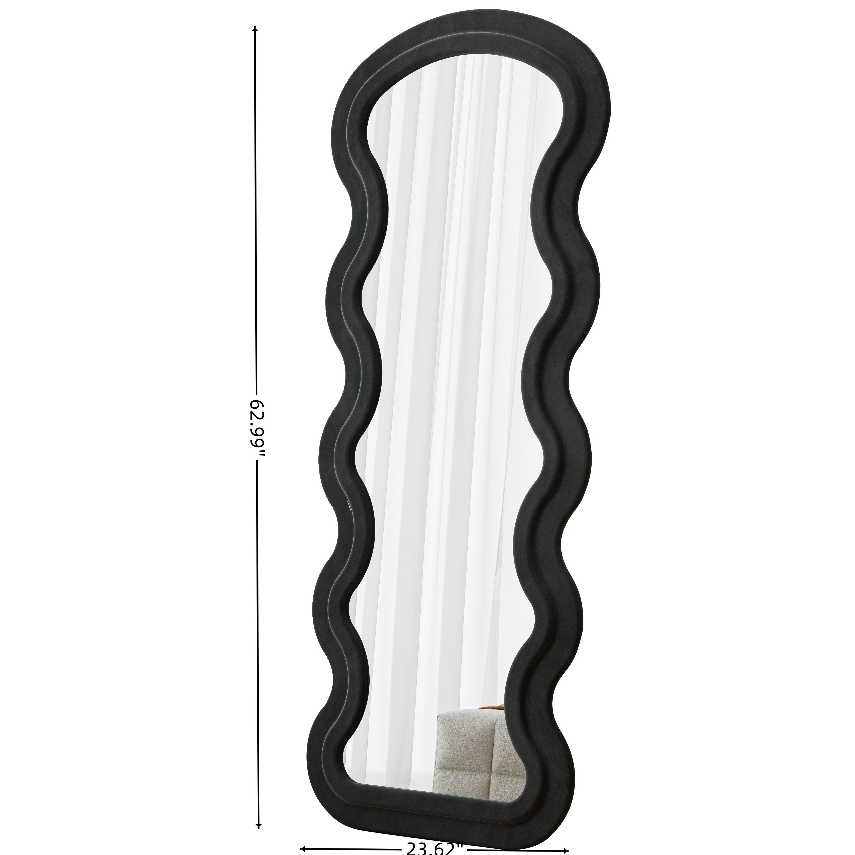 Flannel Full Length Wave Black Floor Mirror With Stand For Bedroom Liv