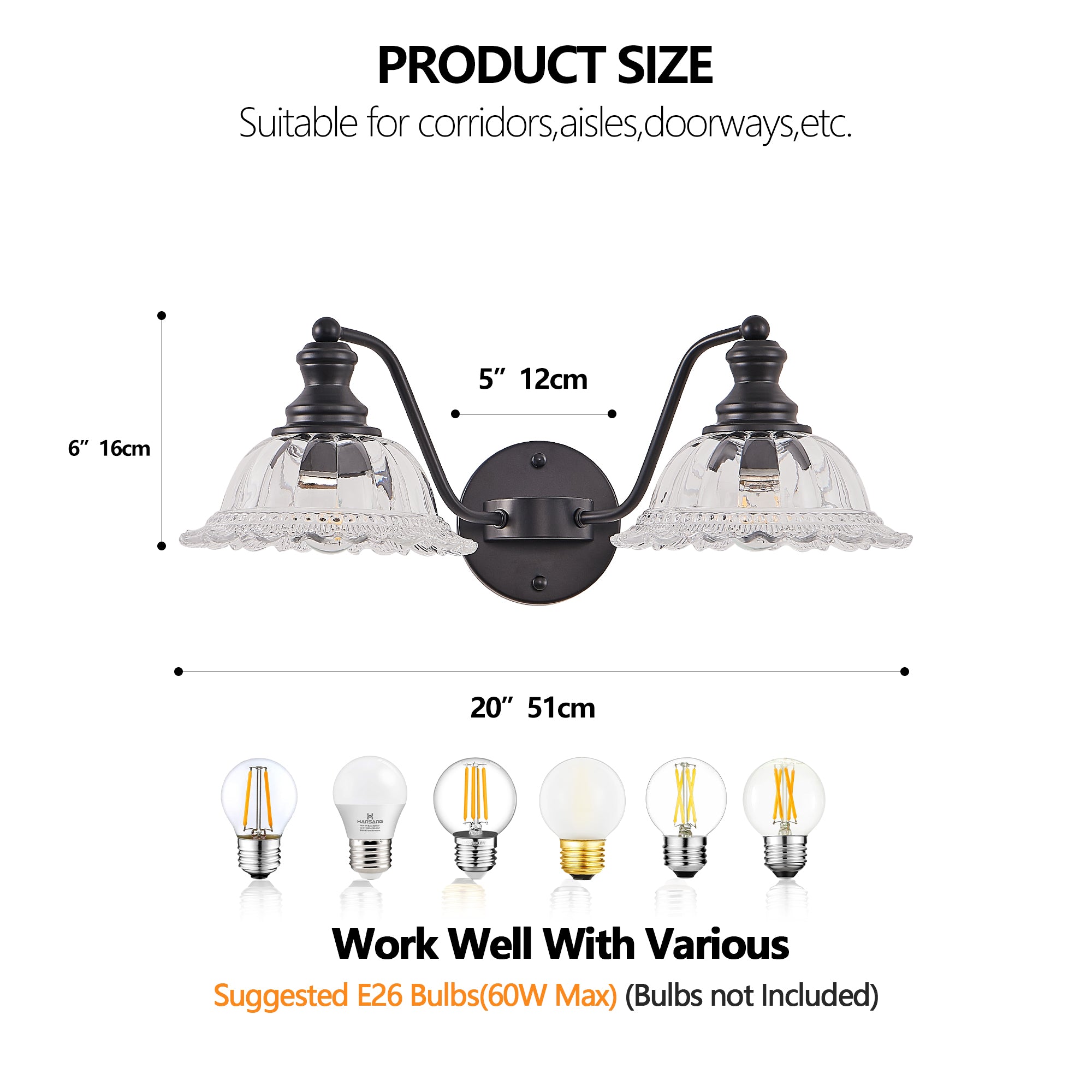 20 Inch 2-Light Vintage Bathroom Wall Sconce -- Elegant Black Metal An