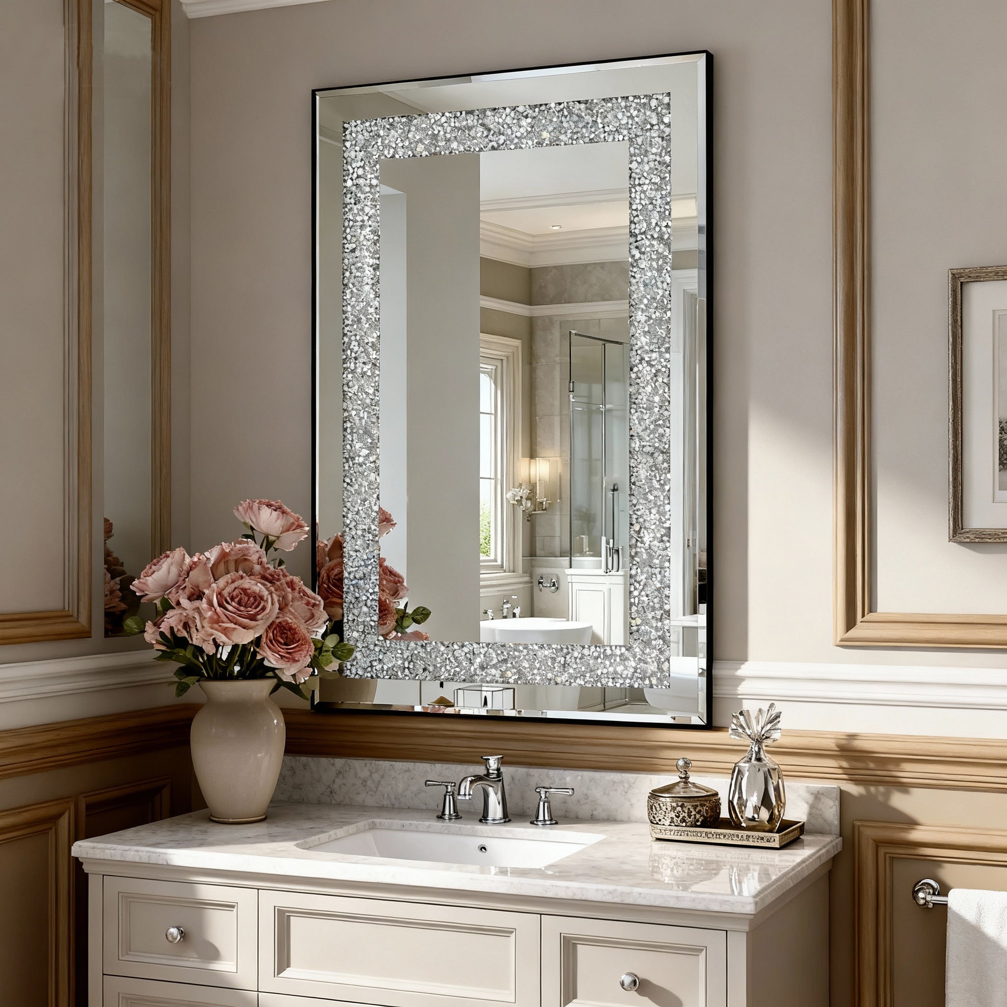 Crystal Crush Diamond Rectangle Silver Mirror For Wall