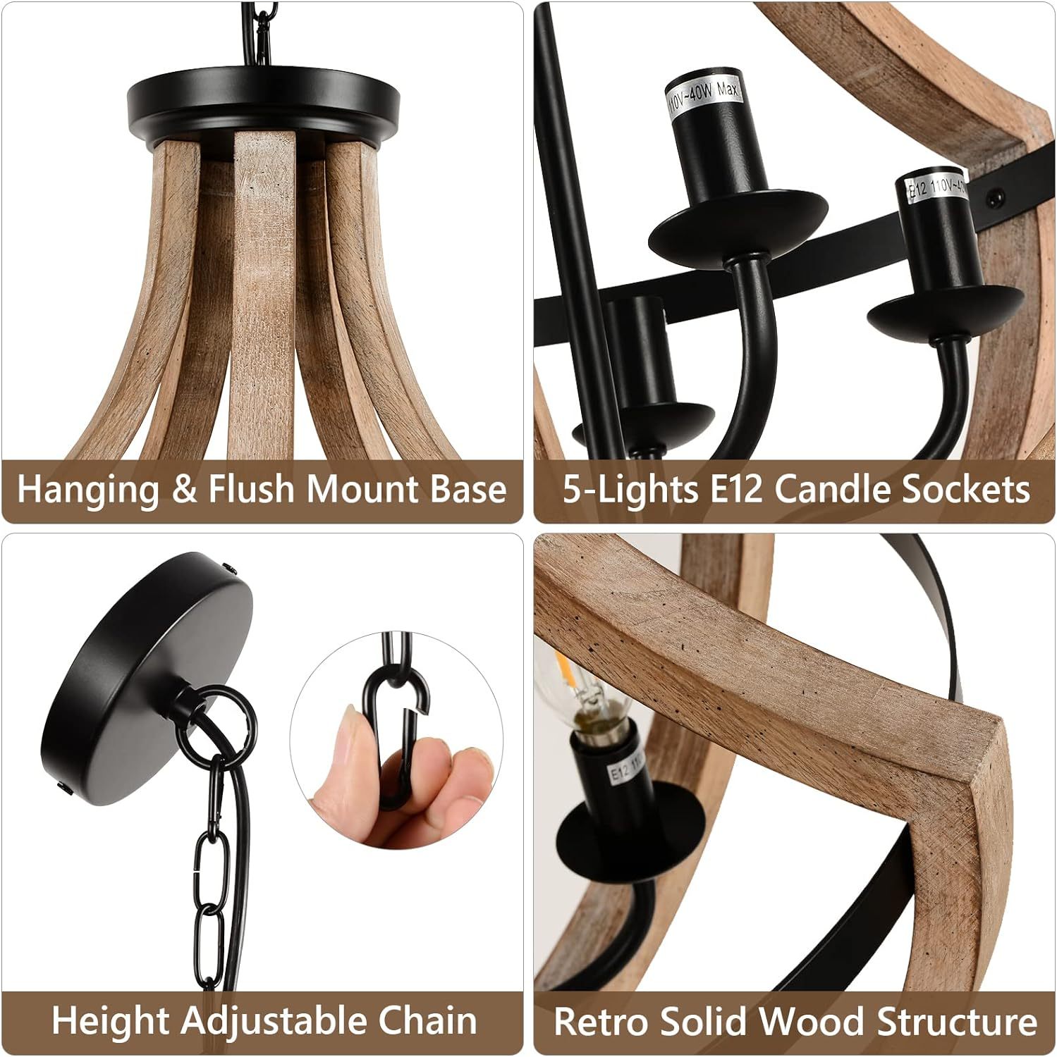 Modern Solid Wood Chandelier | Adjustable Hanging