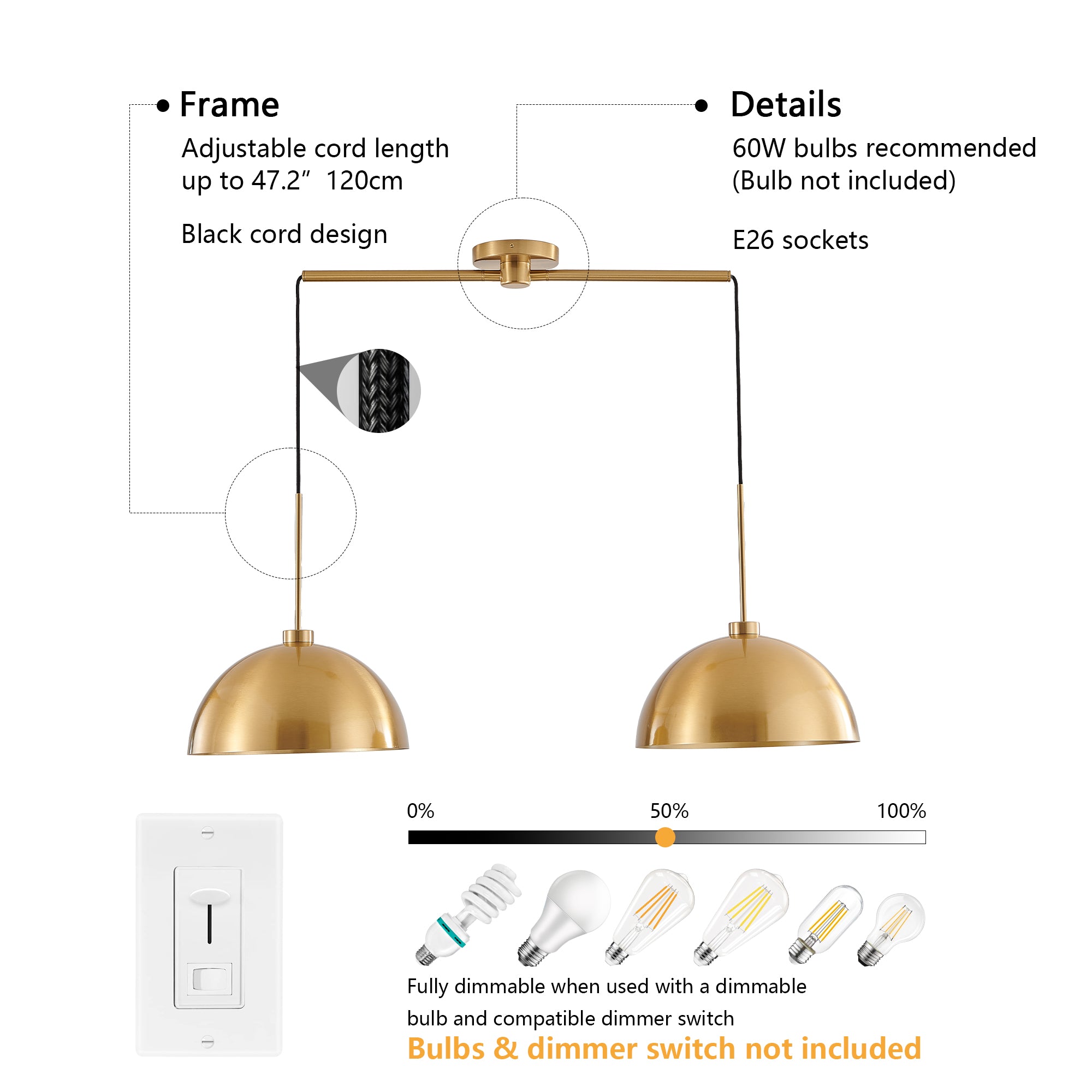 41inch Industrial Modern Copper Color Double Pendant Light Adjustable