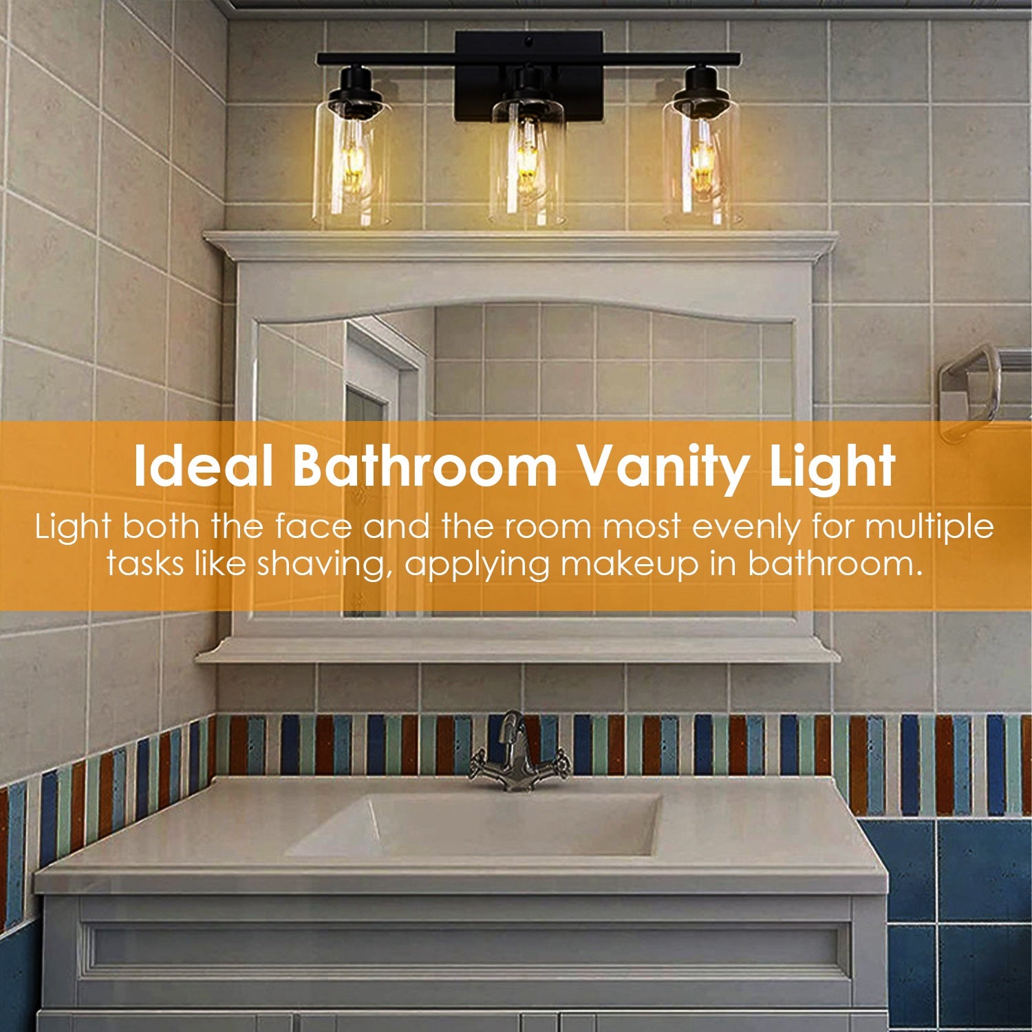 1Pc 3-Light Wall Sconce Lighting With Clear Glass Shade Bathroom Vanit