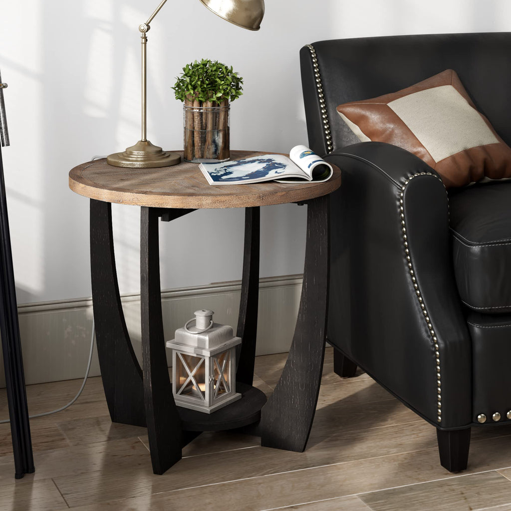 Rustic Round End Table | Storage Shelf