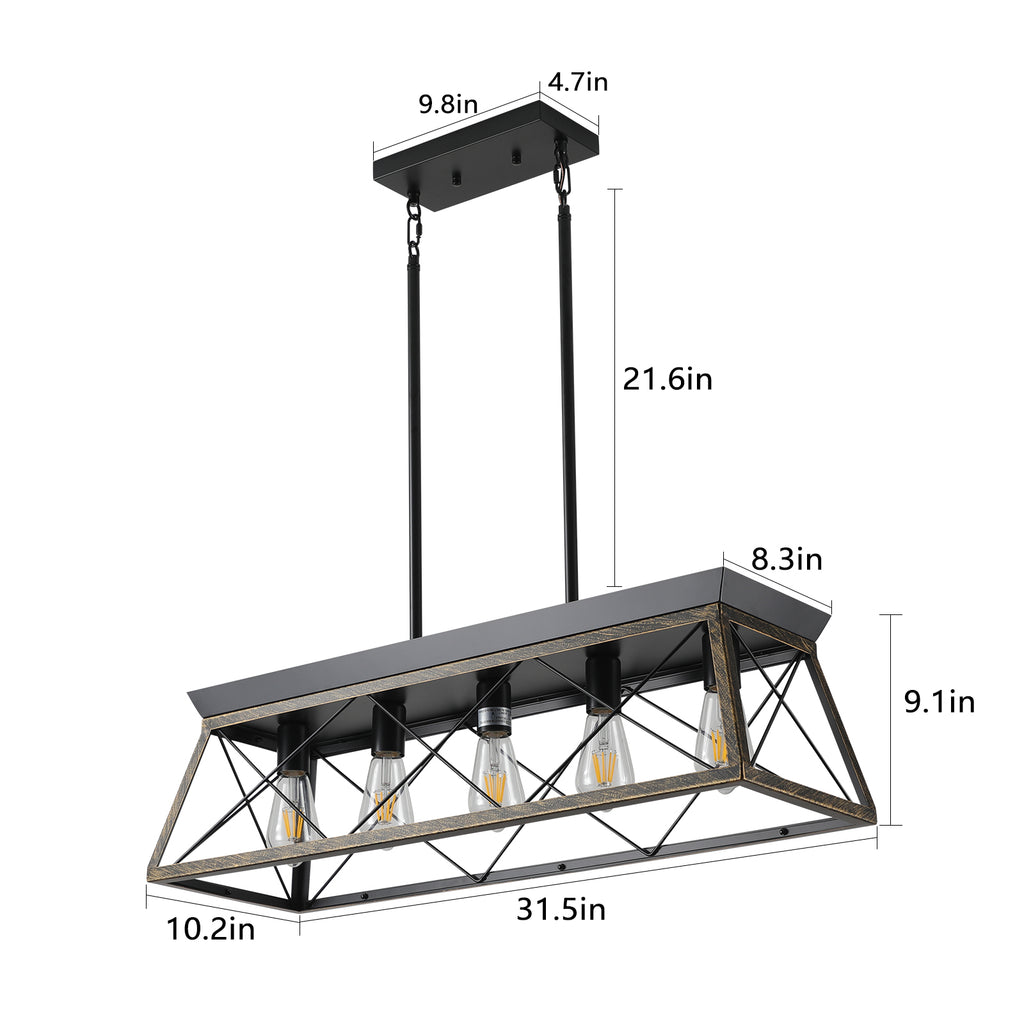 32in Black Gold Industrial 5-Light Pendant Chandelier