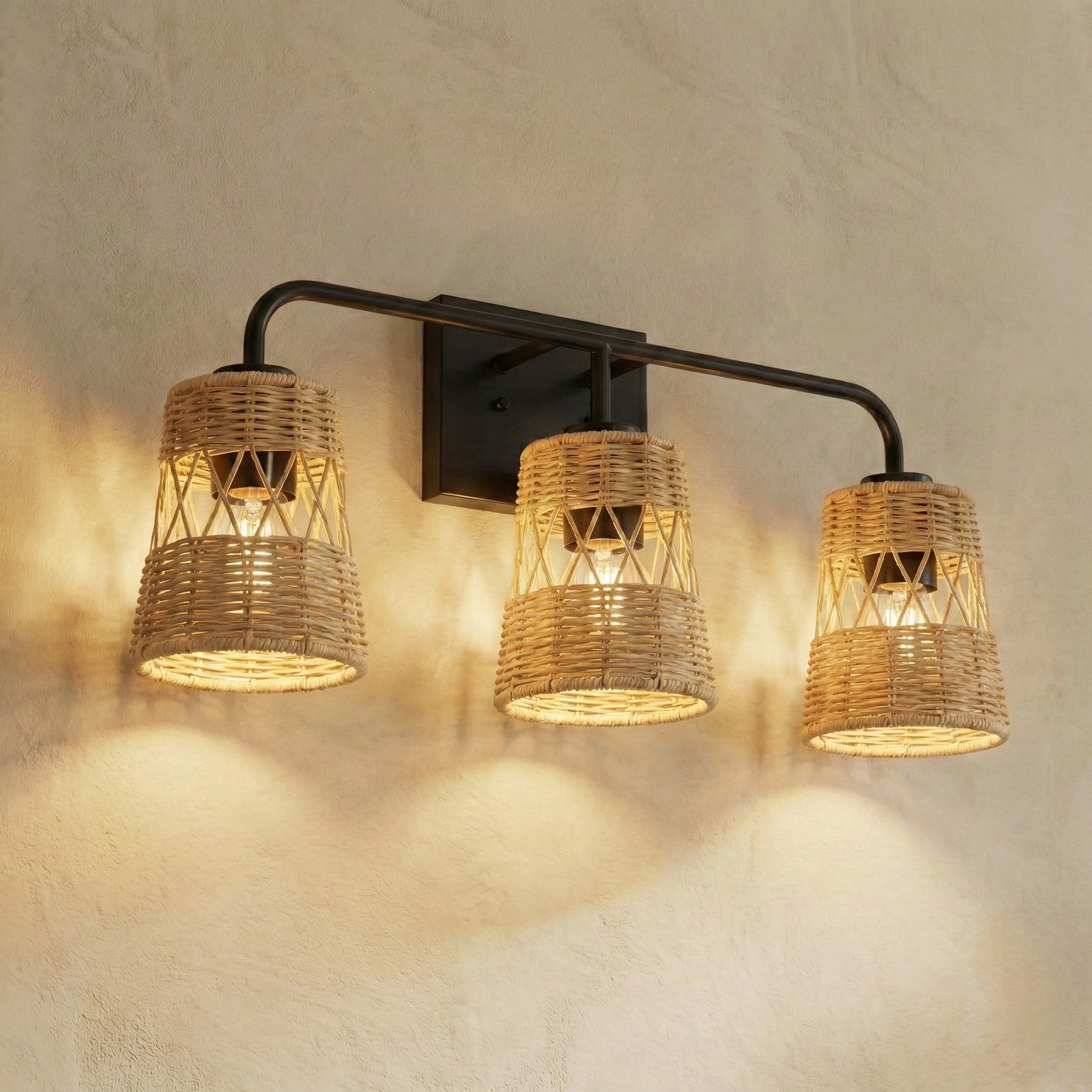 Moonlit Three Lights Wall Sconce With Rattan Shade