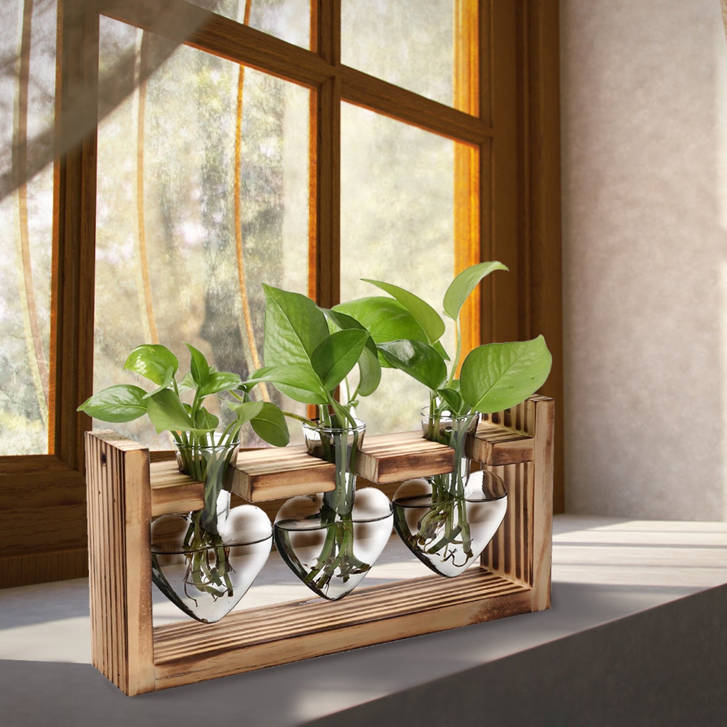 1Pc Plant Terrarium Propagation Station With 3 Heart Shaped Vases Wood