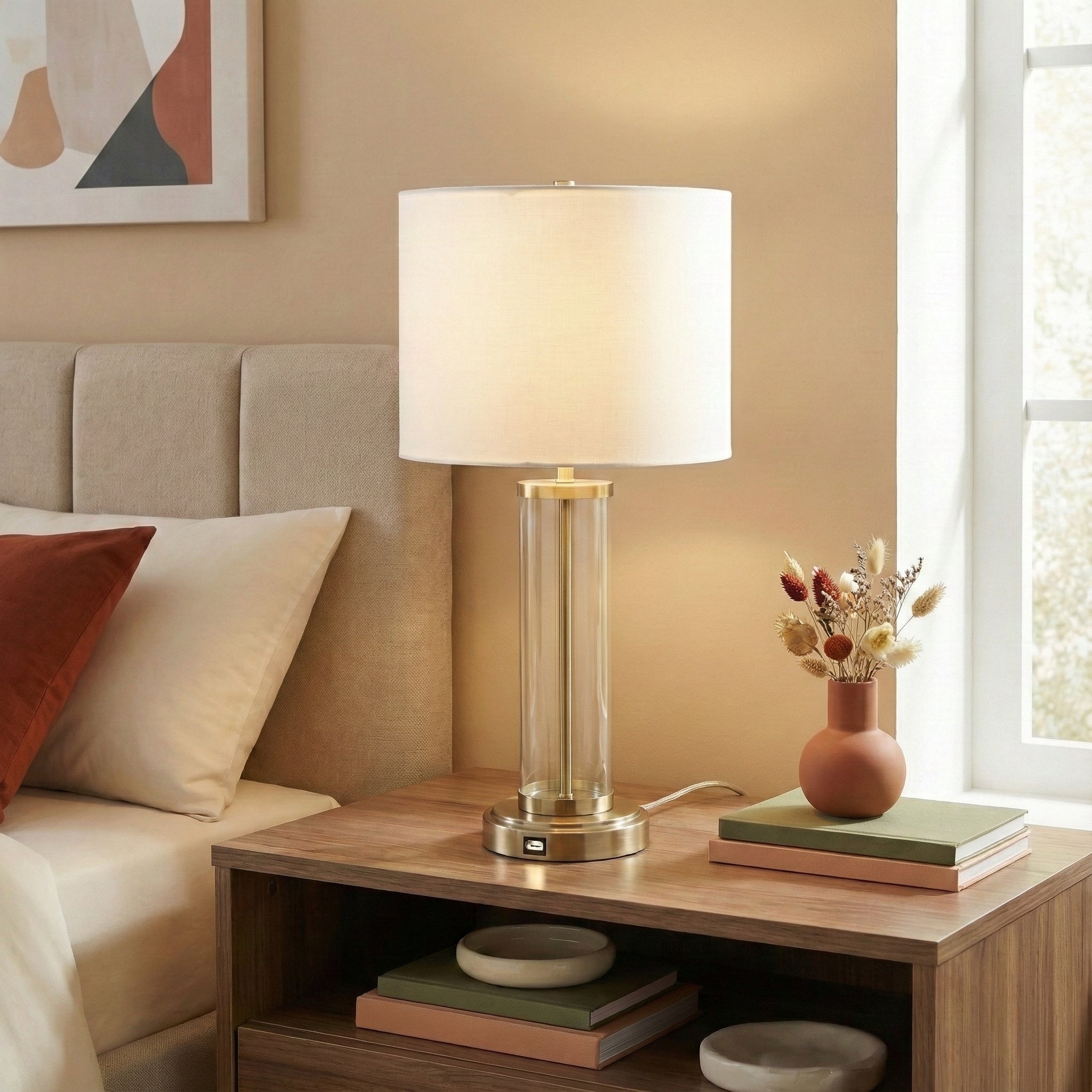 Luna Brushed Nickel Table Lamp With On Off Switch Clear Glass Body Met