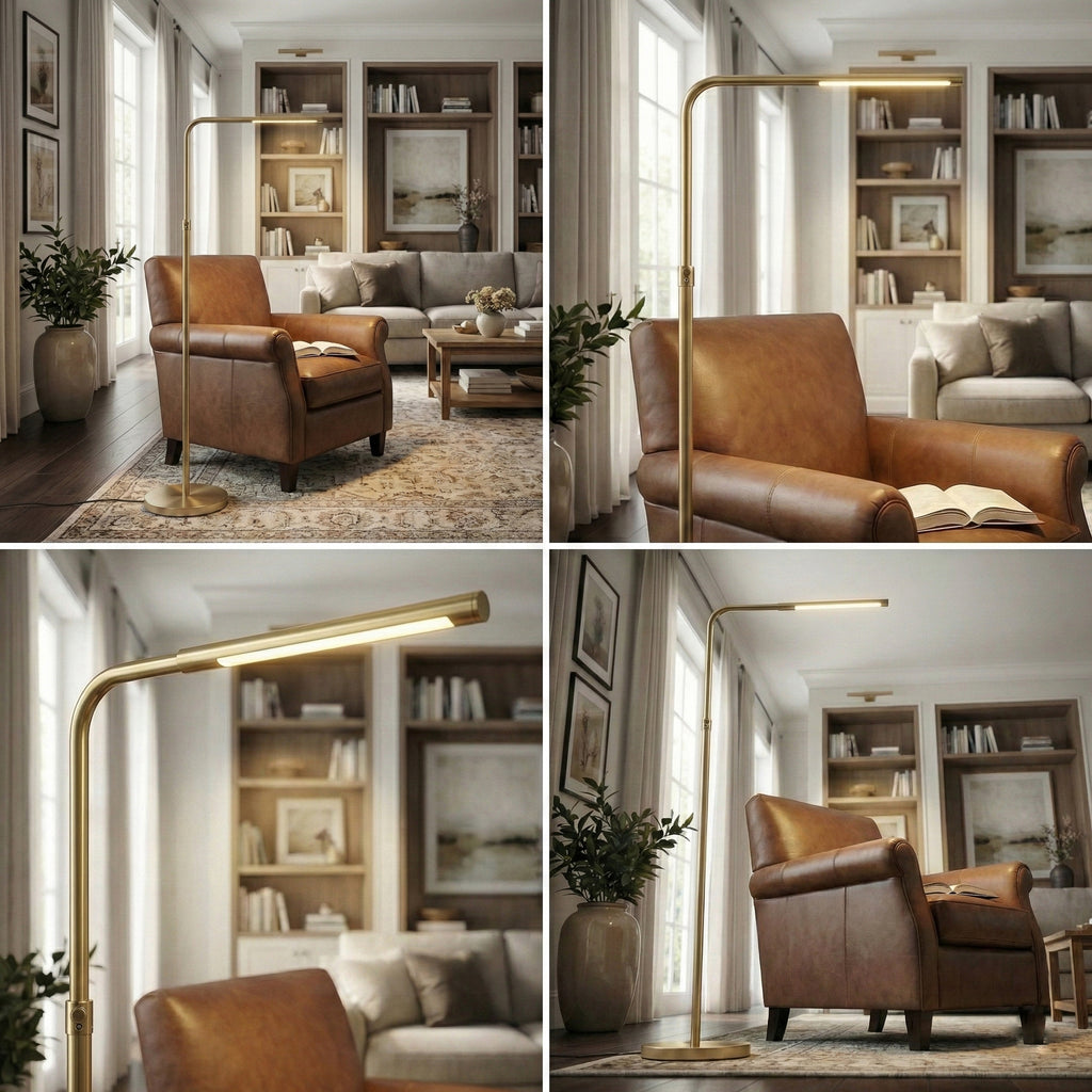 Verve Brassed Gold Floor Lamp With On Off Adjustable Led Round Base
