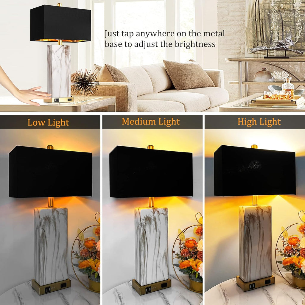 Marble Touch-Control Table Lamp with USB Charging Ports, Black Shade, Set of 2