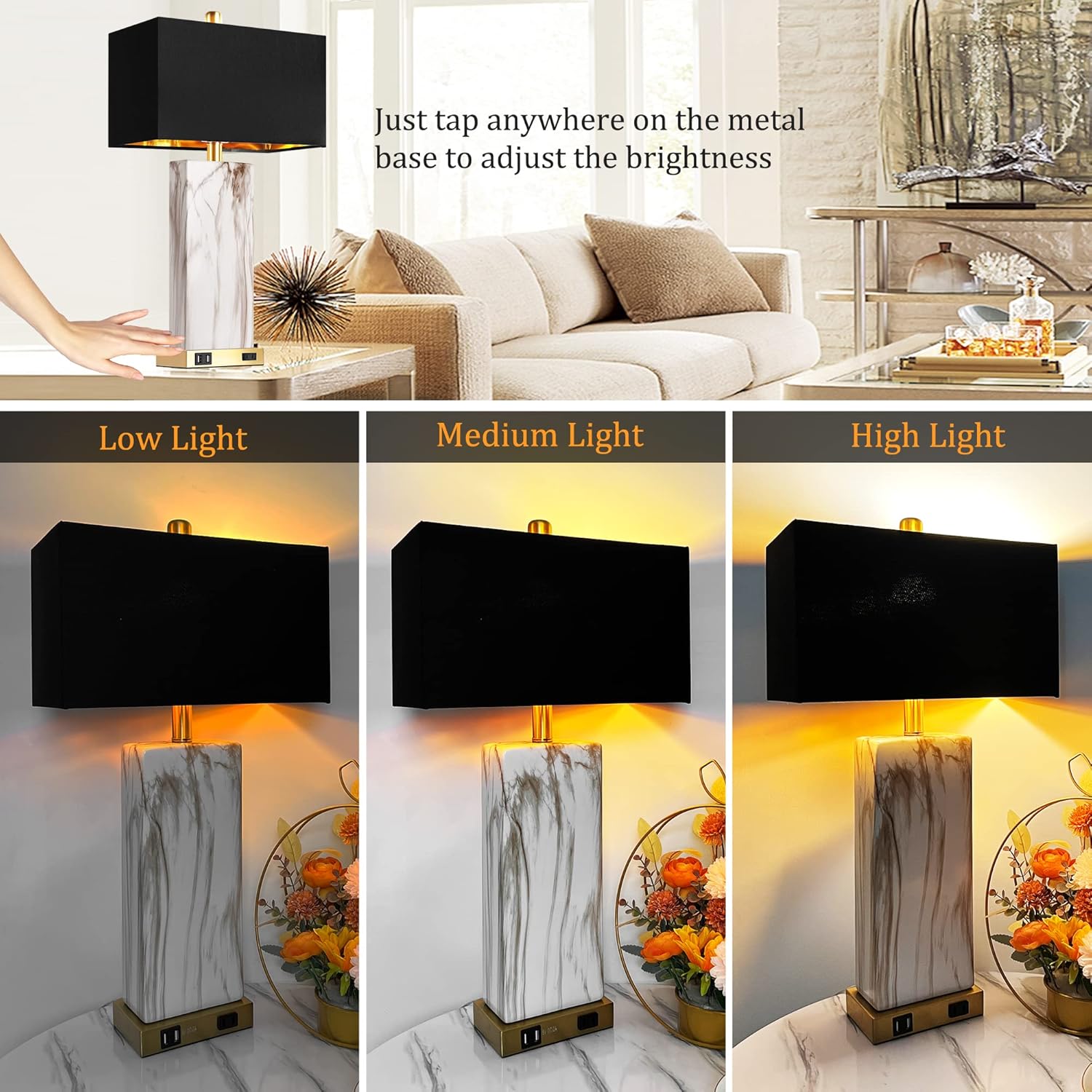 Marble Touch-Control Table Lamp with USB Charging Ports, Black Shade, Set of 2