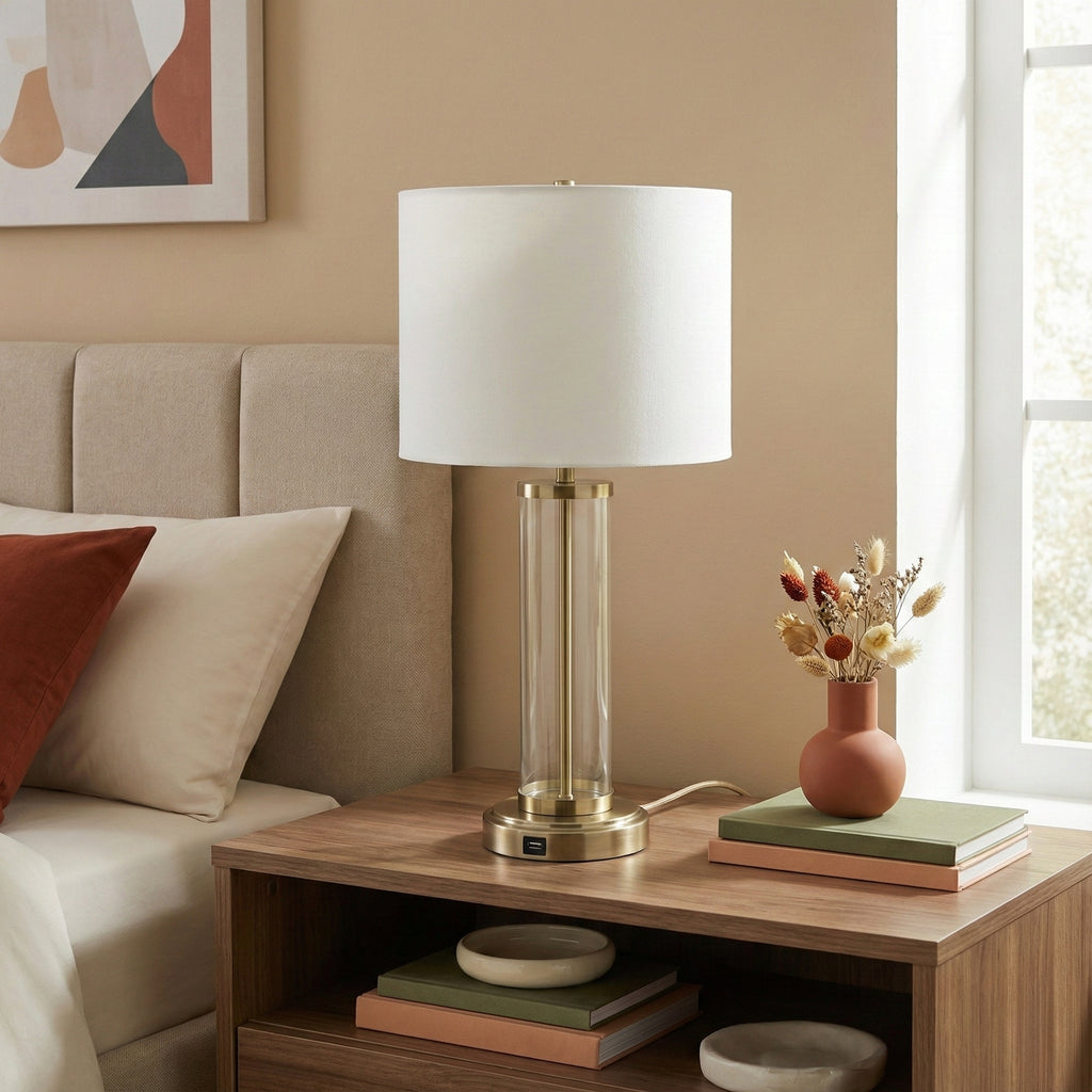 Luna Brushed Nickel Table Lamp With On Off Switch Clear Glass Body Met