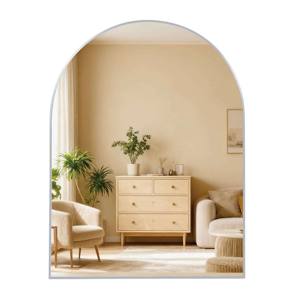 30x36 Inch Silver Metal Framed Arched Bathrrom Mirror For Wall.