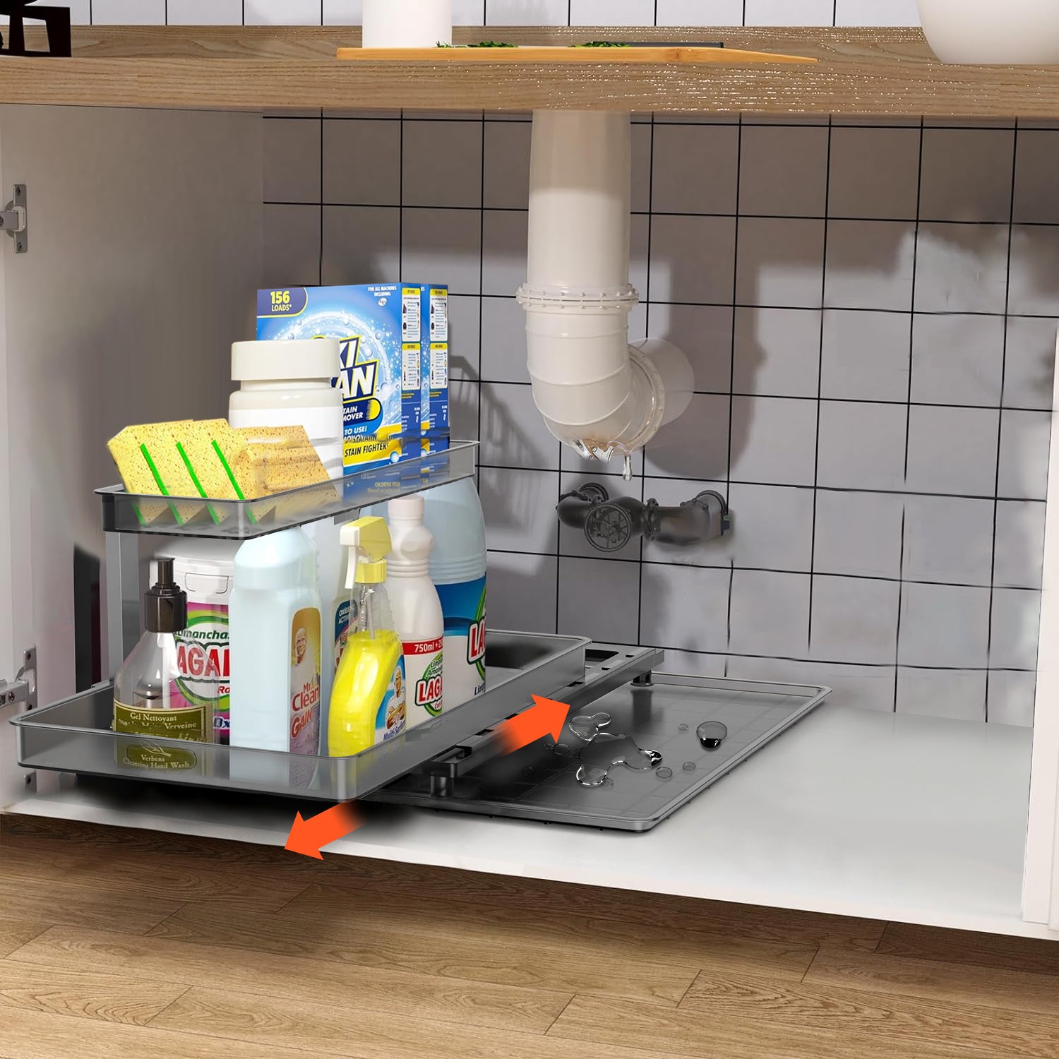 1Pc 2Tier Pull Out Under Sink Organizer Cabinet Organizer With Sliding