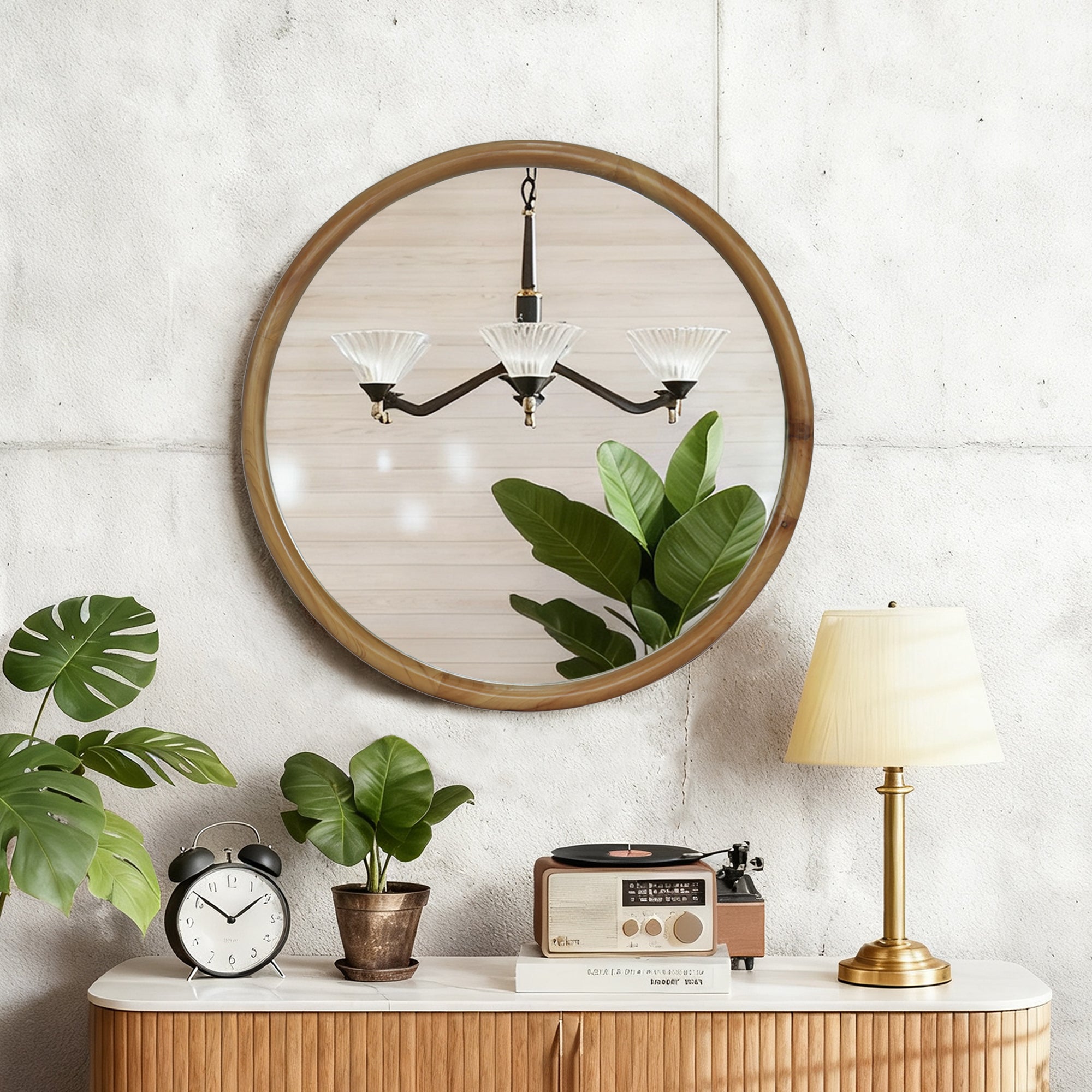 Round Wood Framed Wall Mirror