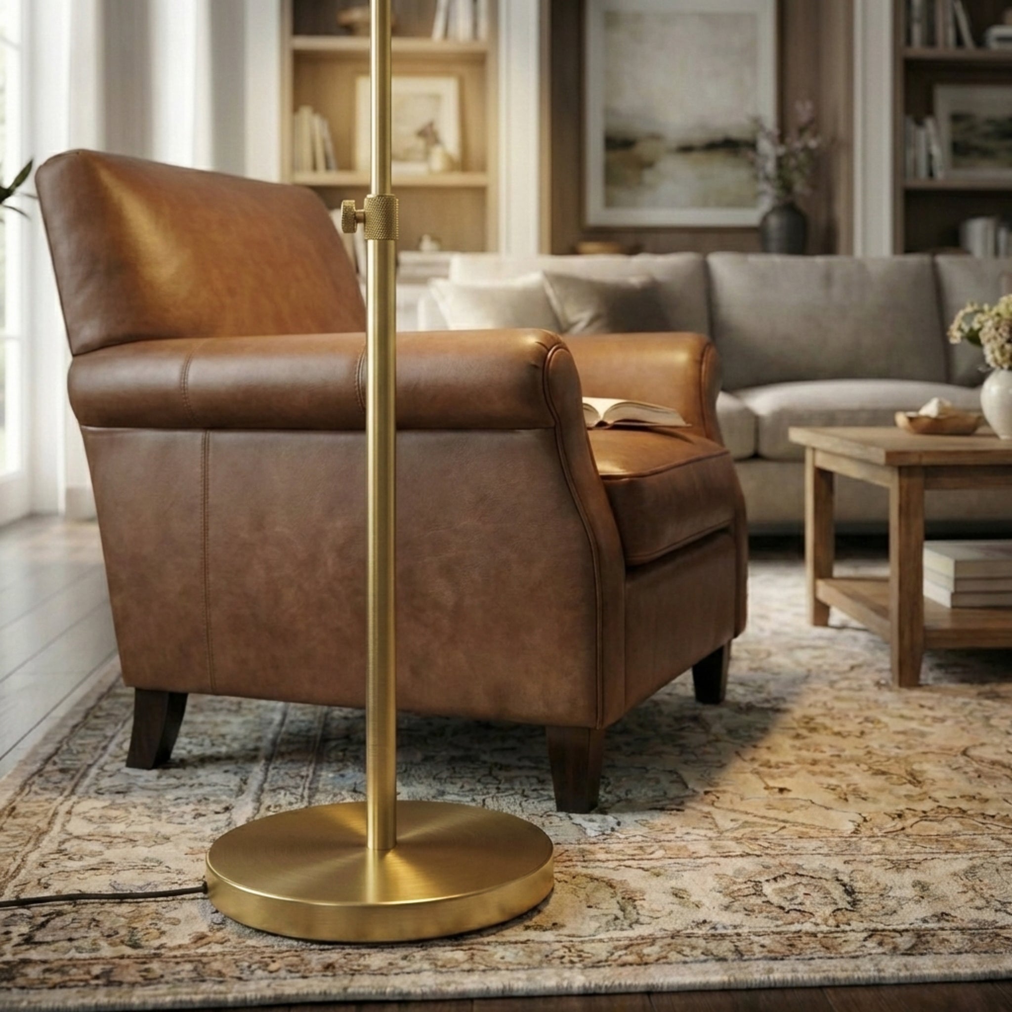 Verve Brassed Gold Floor Lamp With On Off Adjustable Led Round Base