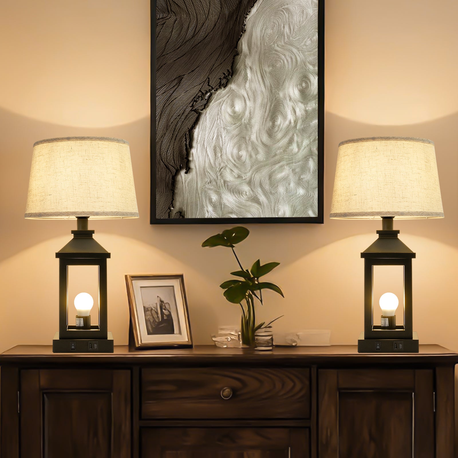 20.5in Black Farmhouse Bedside Table Lamp For Living Room