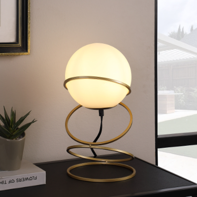Glass Globe Table Lamp, Matte Gold Spiral Ring Base, 13.5 Inch