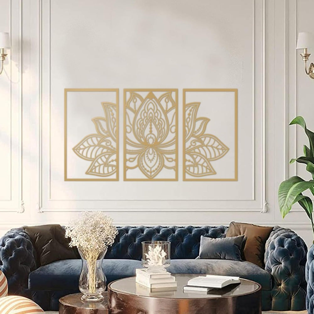 Handmade Metal Golden Lotus Mandala Wall Art - Boho Zen Decor For Livi
