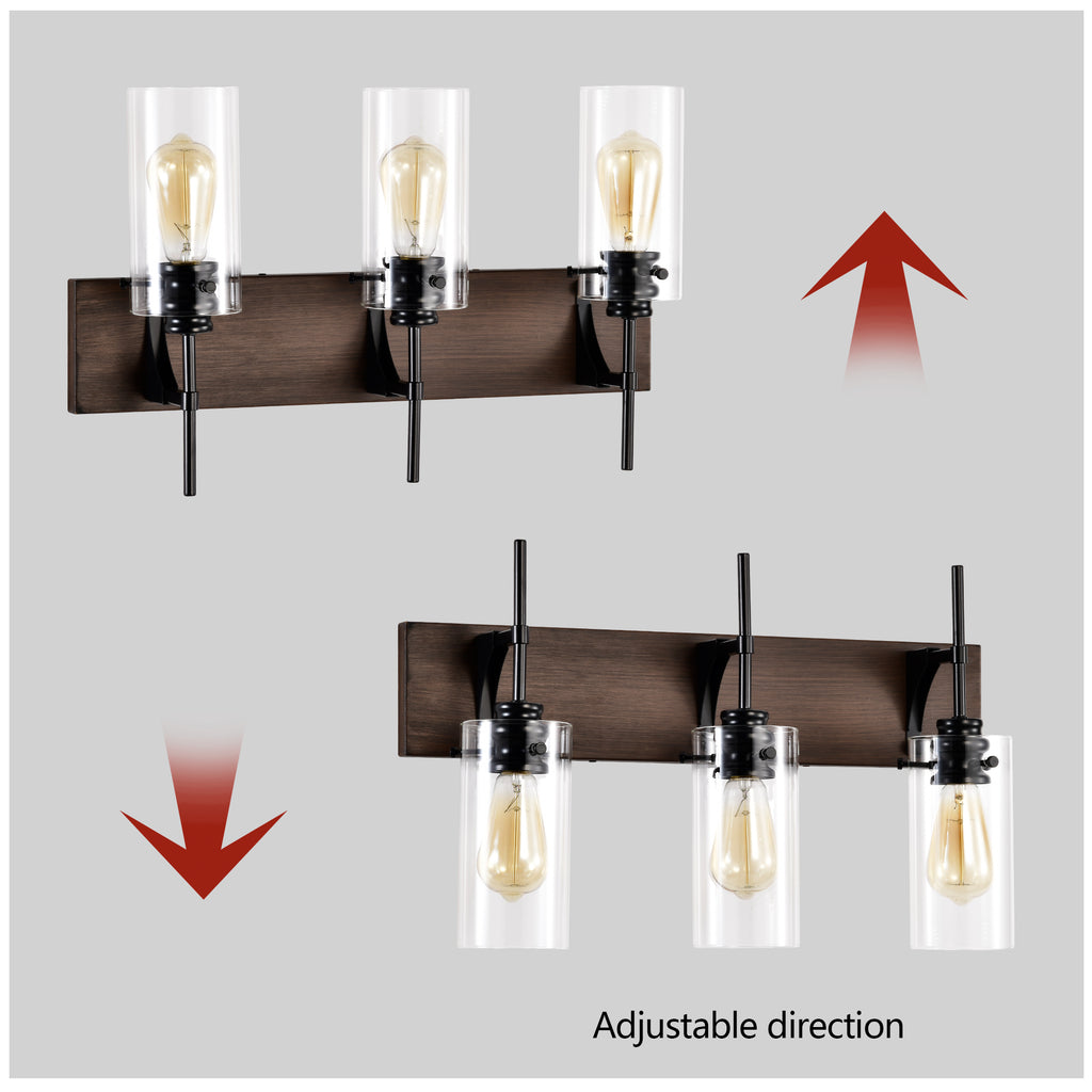 3-Light Matte Black Wood Color Bathroom Light Fixtures