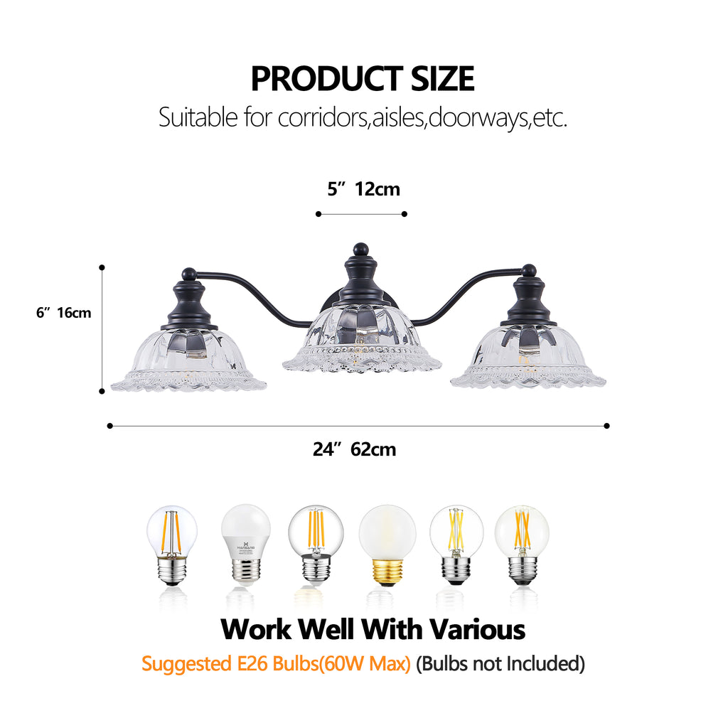 24 Inch 3-Light Vintage Bathroom Wall Sconce Elegant Black Metal And G