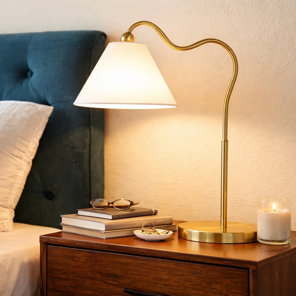 Ornate Brass Ring Base Curved Table Lamp With Triangle White Drum Shad