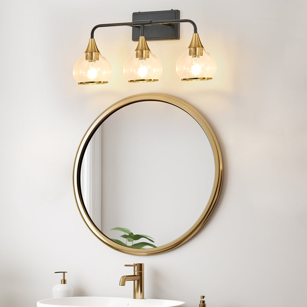 23in Modern 3-Light Vanity Wall Sconce - Black And Gold Bathroom Light