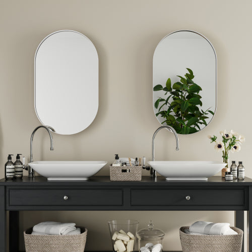 20x34 Inch Oval Recessed Metal Frame Bathroom Wall Cabinet With Mirror