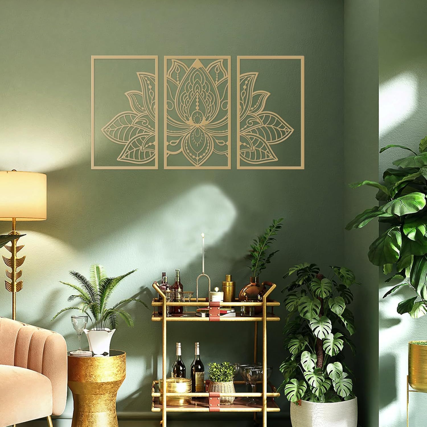 Handmade Metal Golden Lotus Mandala Wall Art - Boho Zen Decor For Livi