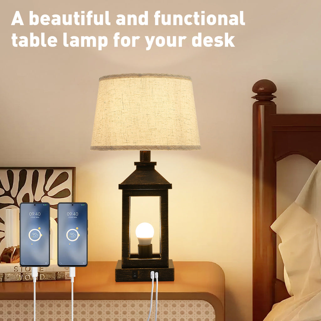 20.5in Black Gold Farmhouse Bedside Table Lamp