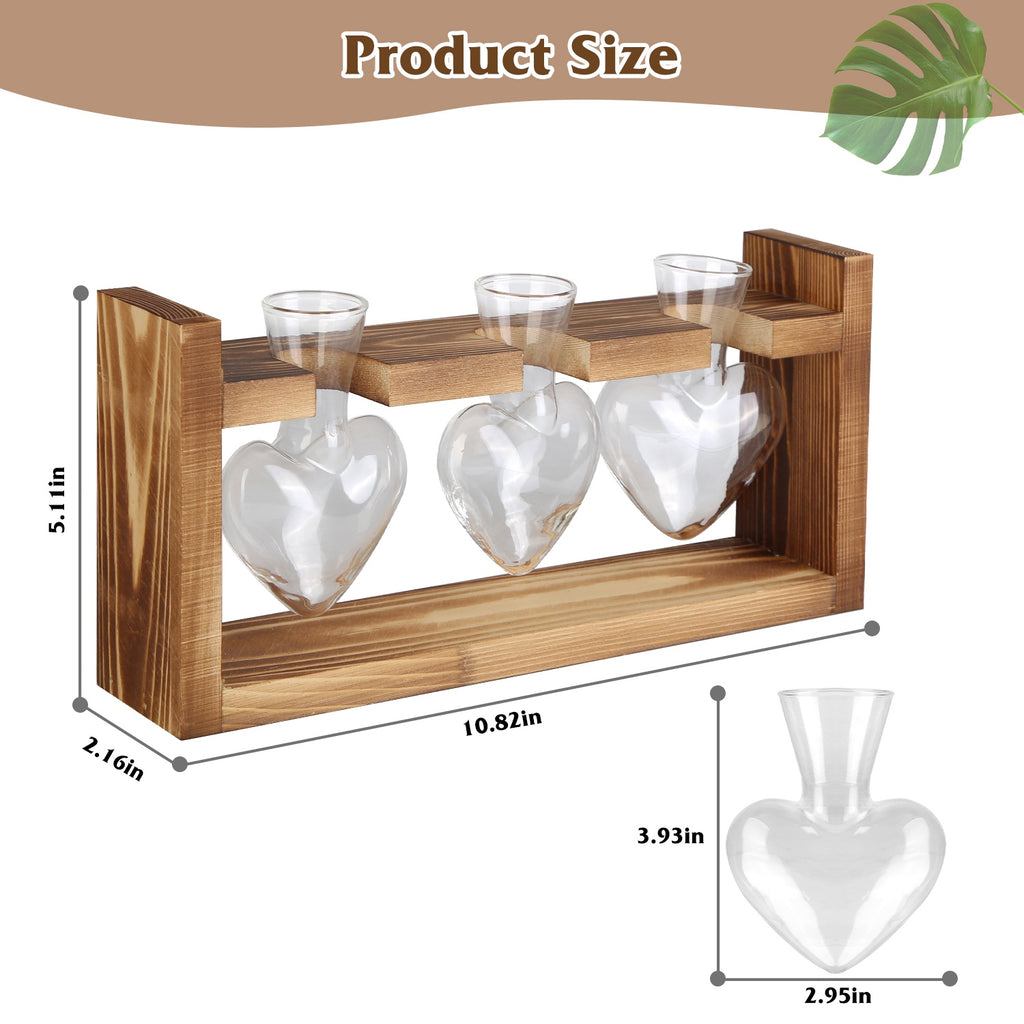 1Pc Plant Terrarium Propagation Station With 3 Heart Shaped Vases Wood