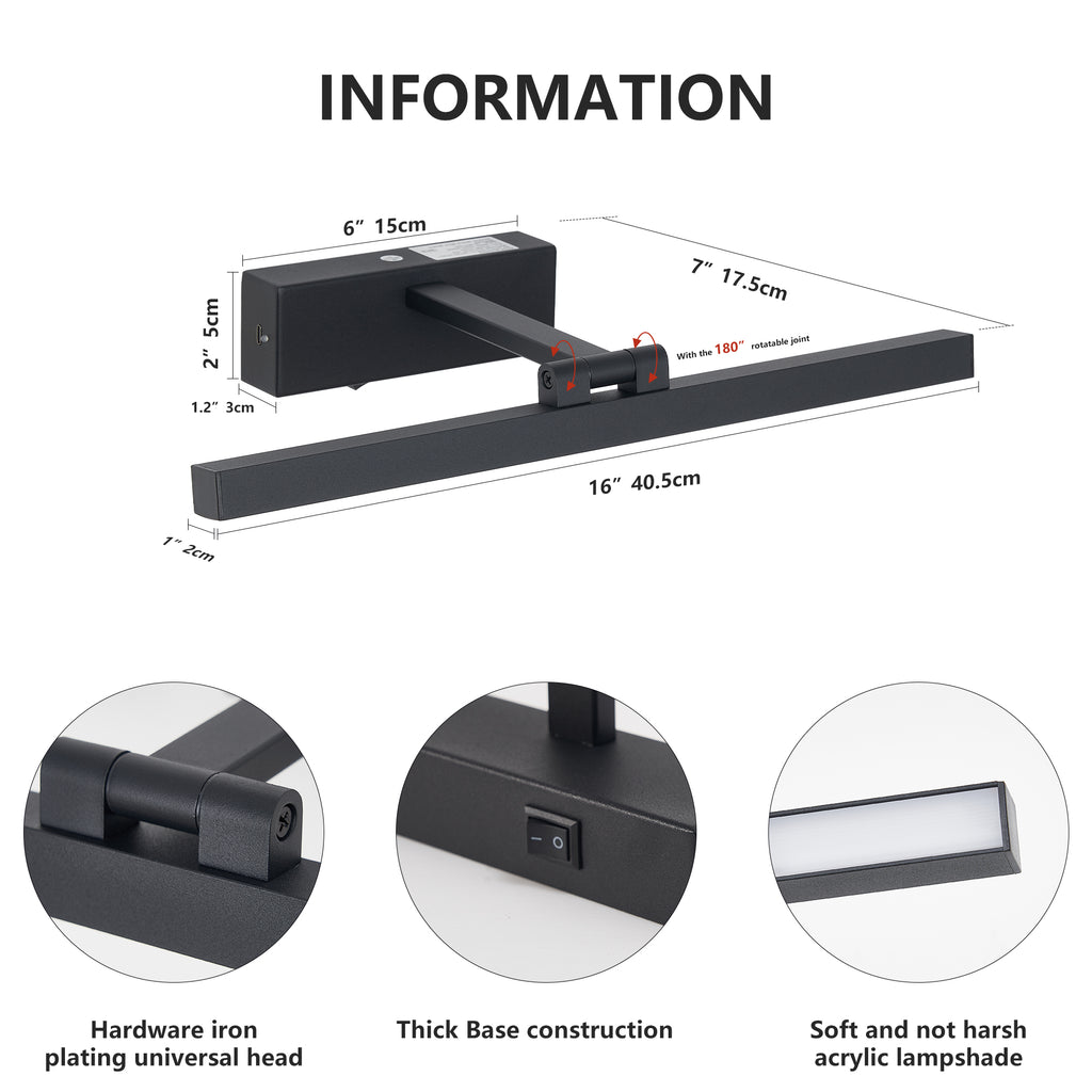 16inch Black Bathroom Light Fixtures Over Mirror Modern Dimmable LED V