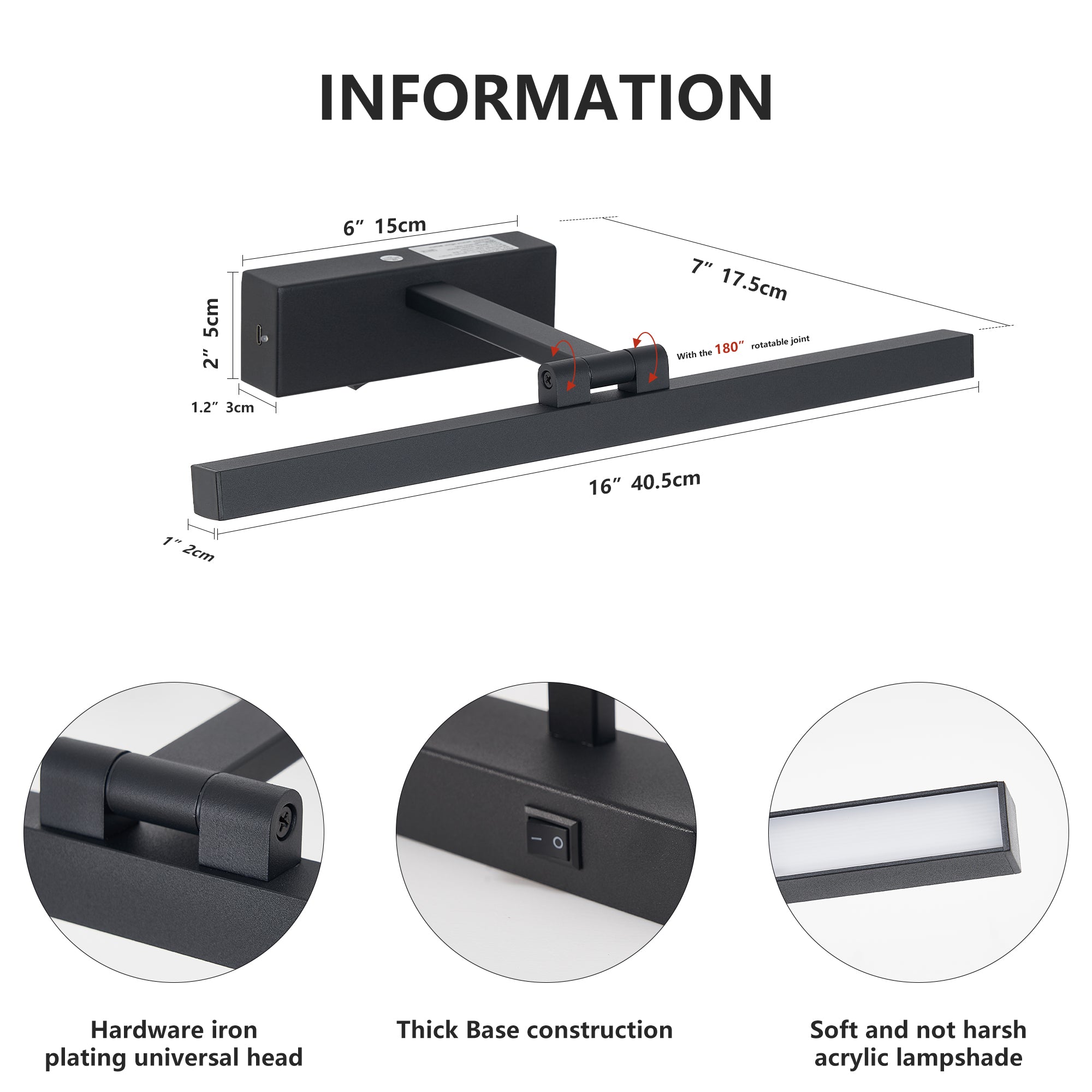 16inch Black Bathroom Light Fixtures Over Mirror Modern Dimmable LED V