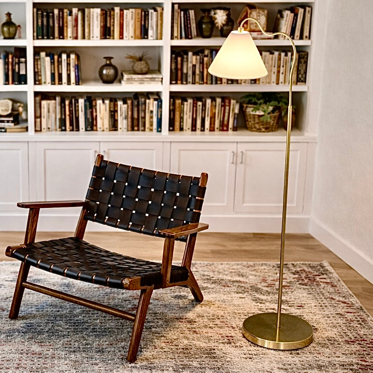 Majestic Brass Ring Base Curved Floor Lamp With Triangle White Drum Sh