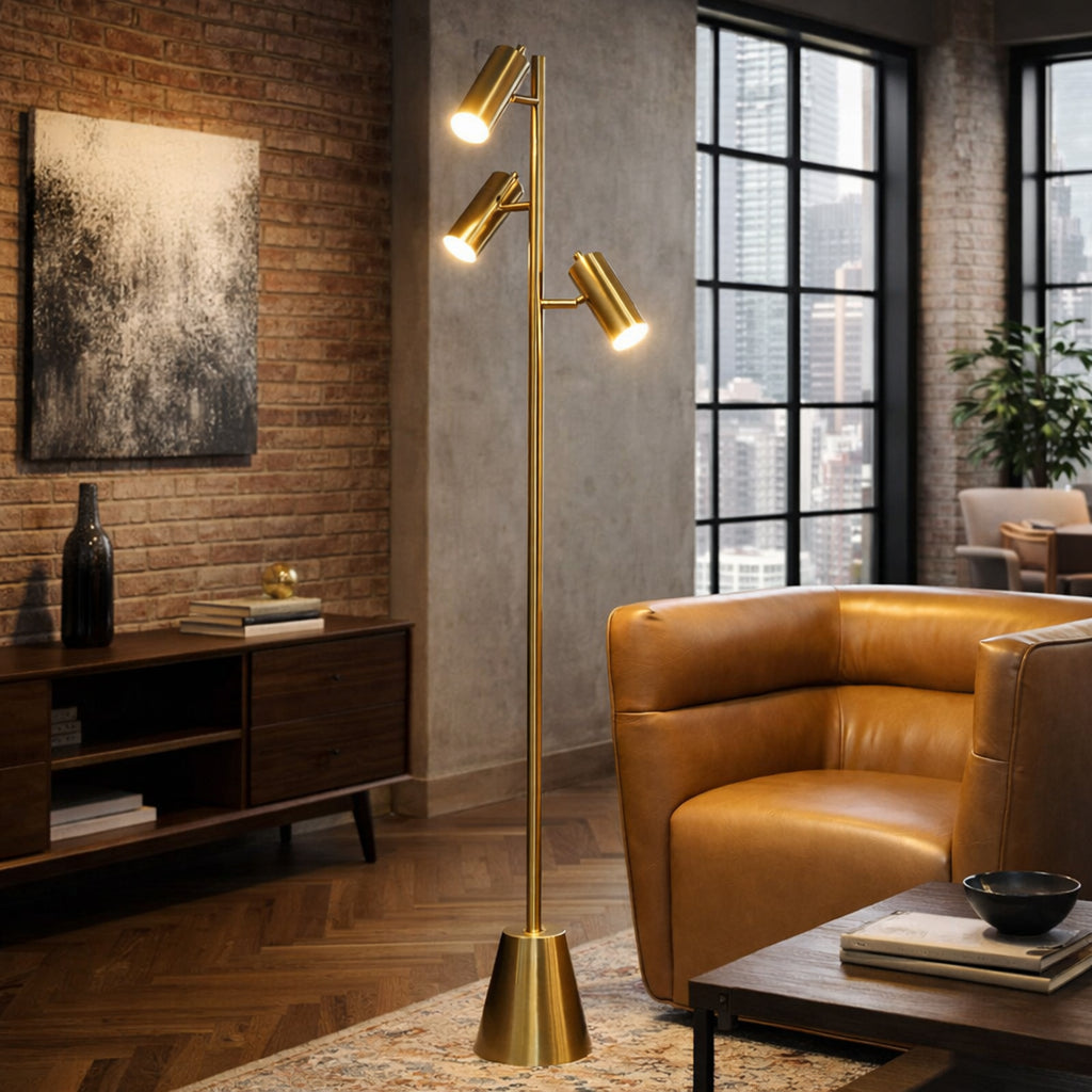 Lumina Brassed Gold Floor Lamp With Rotary Triple Spots Metal Cone Bas
