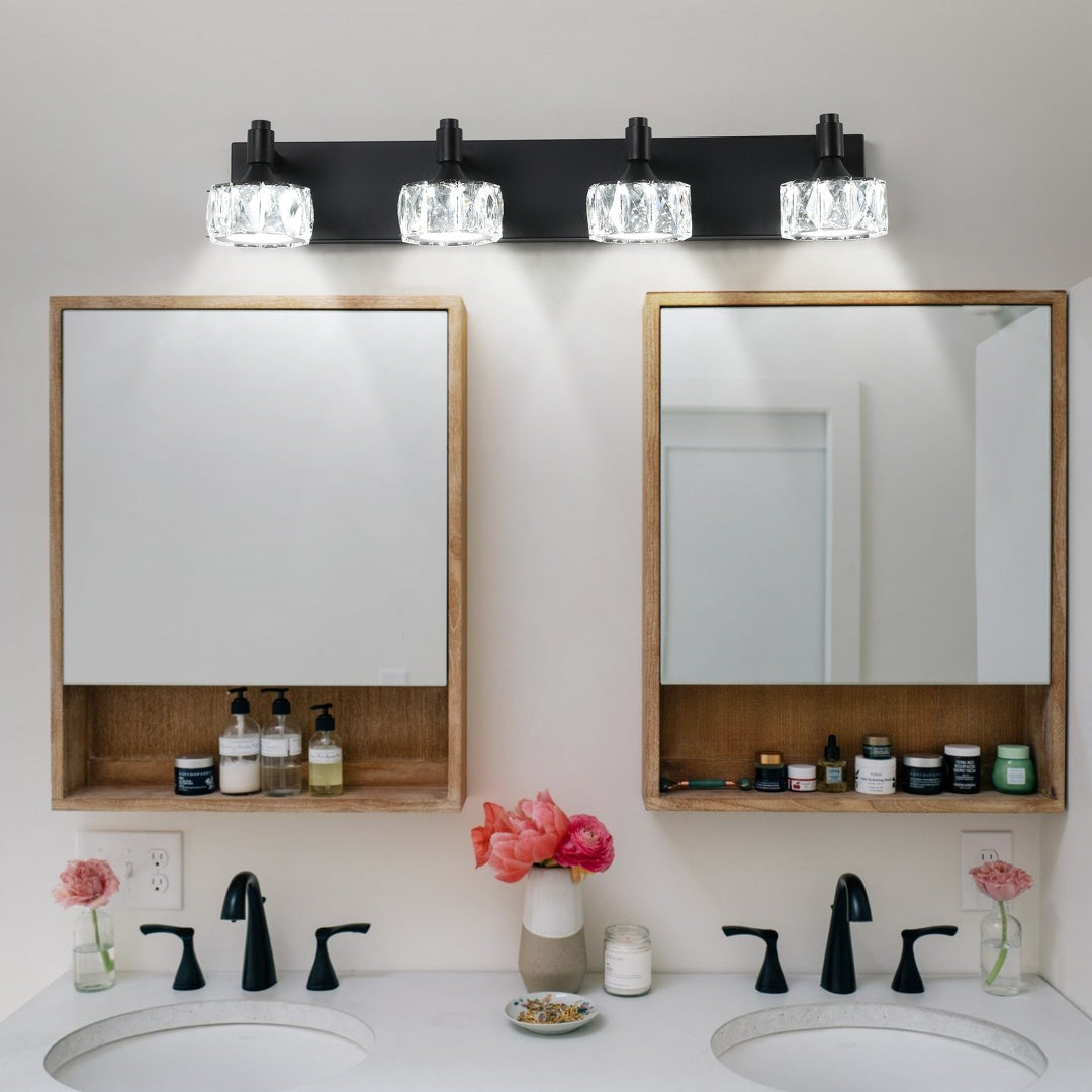 Crystal Glass Vanity Light, 4-Light Matte Black LED Bathroom Fixture