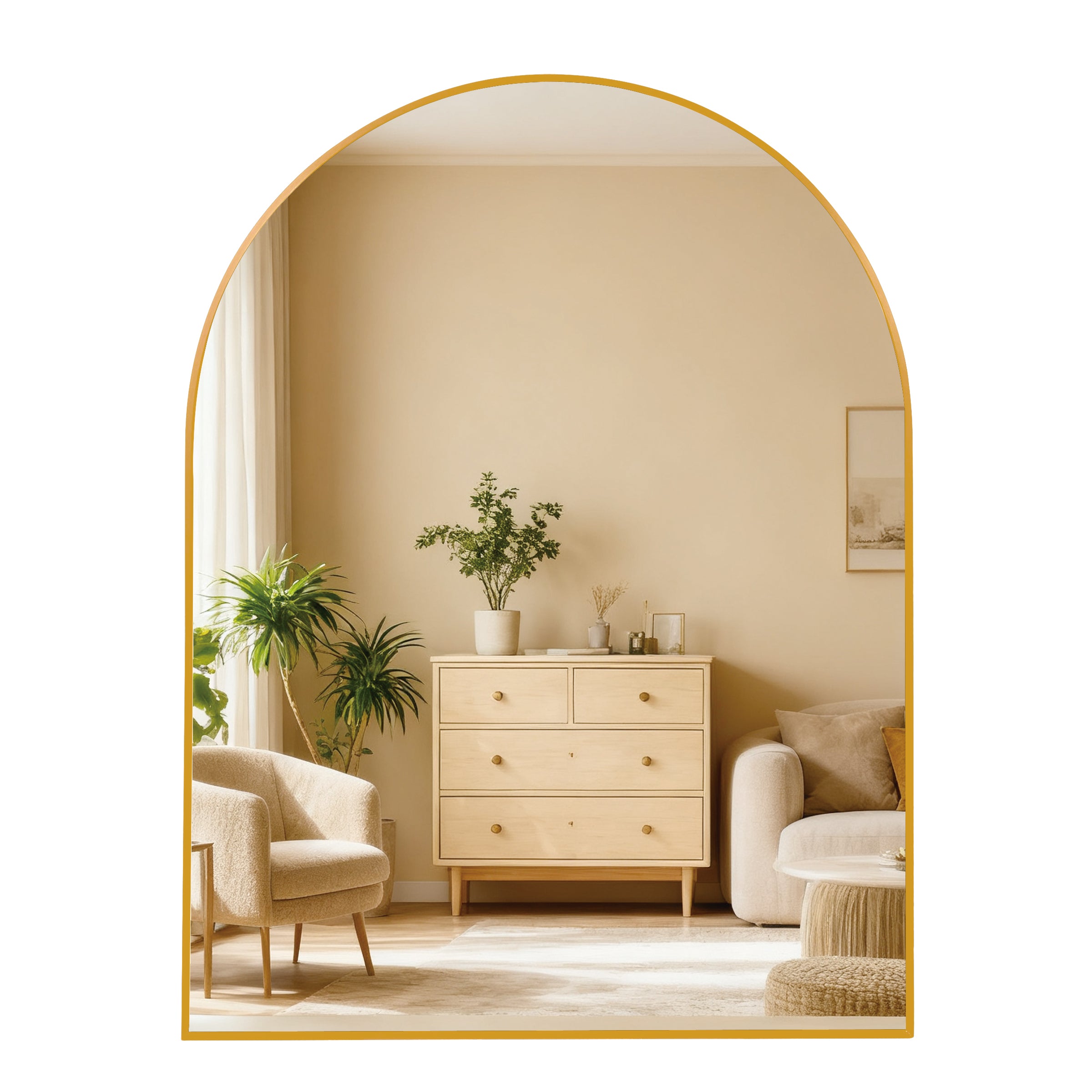 30x36 Inch Gold Metal Framed Arched Bathrrom Mirror For Wall.