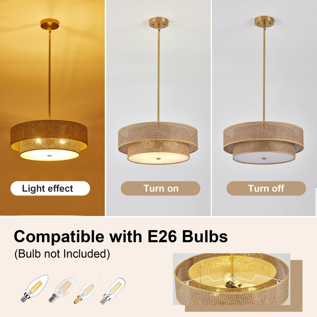 17.7 Inch Woven Rattan Linen Semi Embedded Ceiling Light Fixture