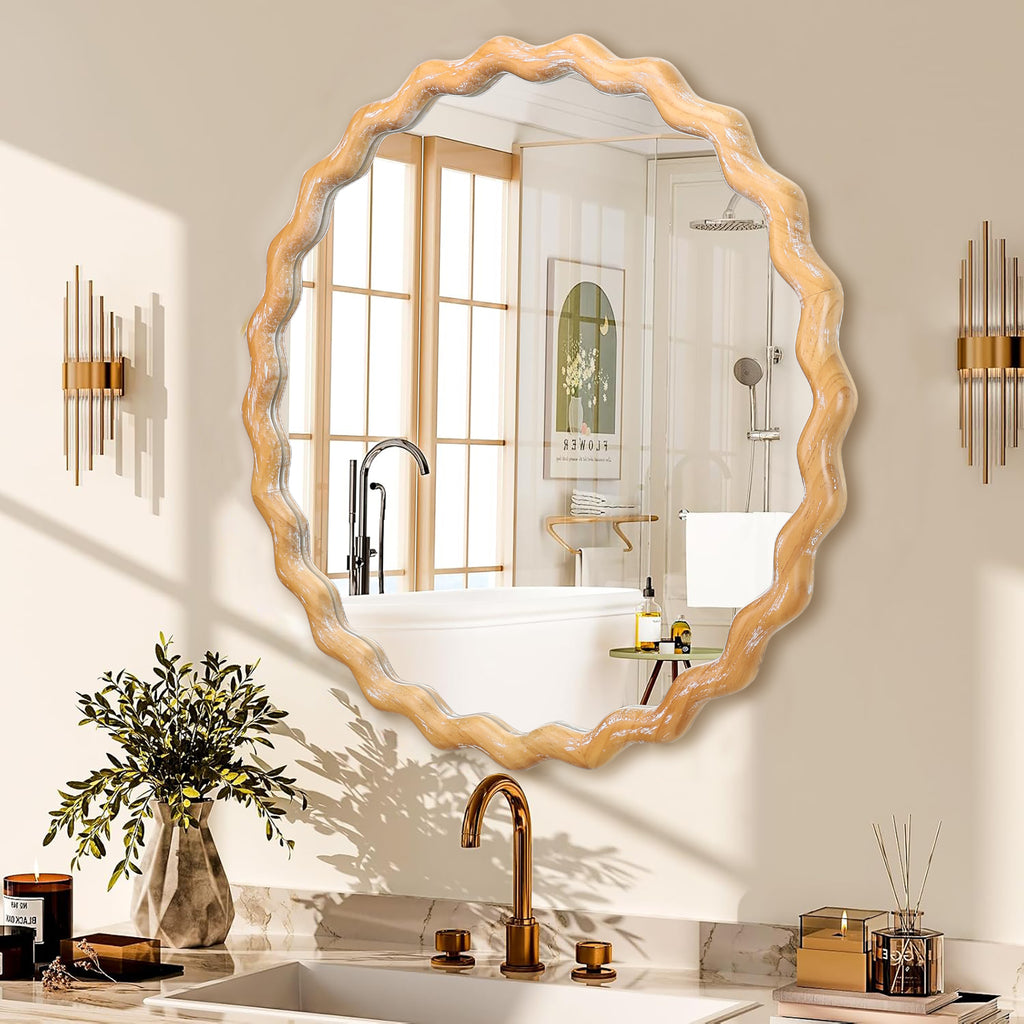 27.5 Inches Round Wavy Wall Mirror For Bathroom Vanity