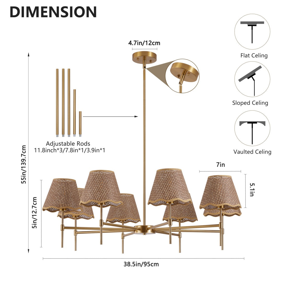 Golden Farmhouse Pendant Light 8-light Bohemian Pendant Light 38.6
