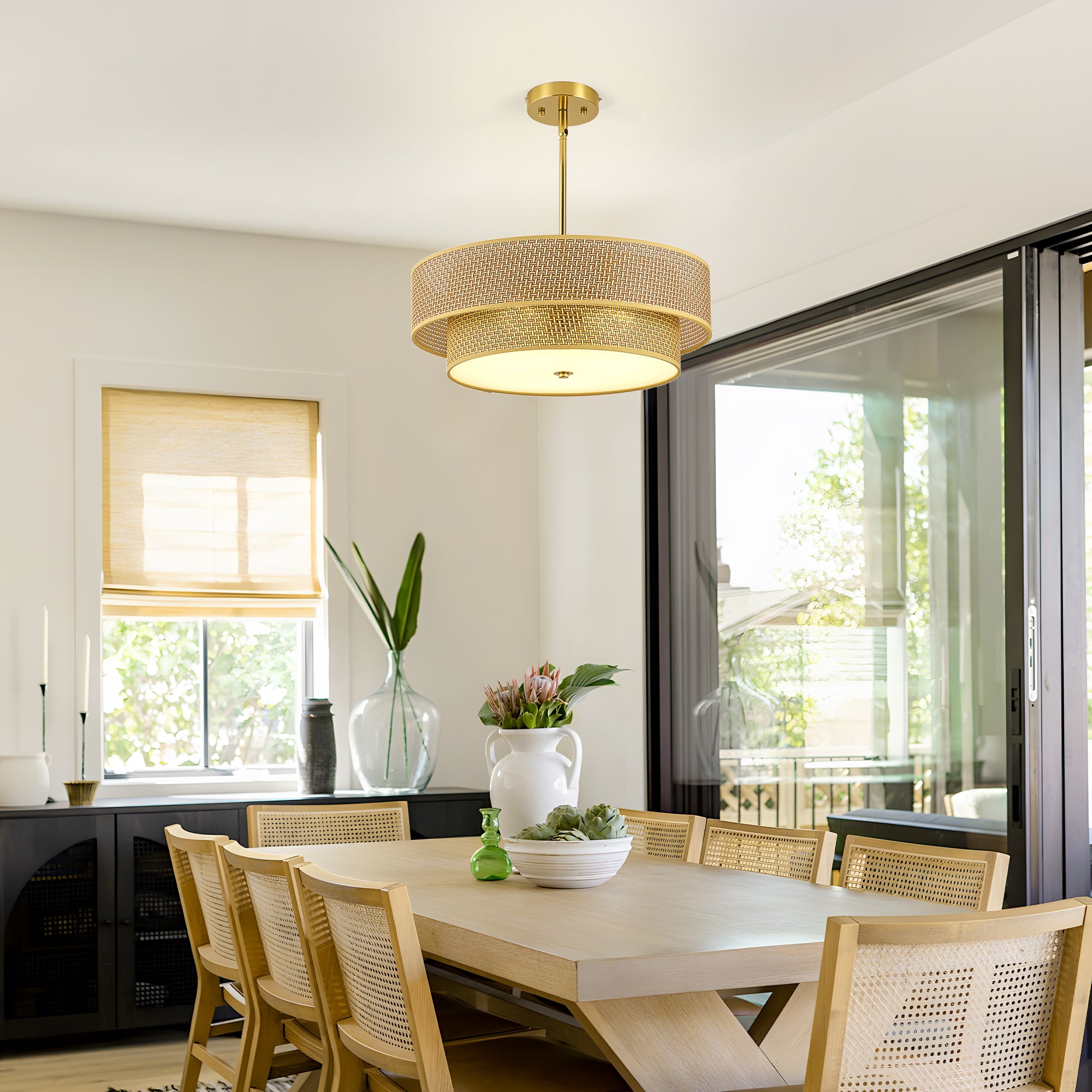 Woven Rattan Semi Flush Mount Ceiling Light, Linen Shade, 17.7 Inch