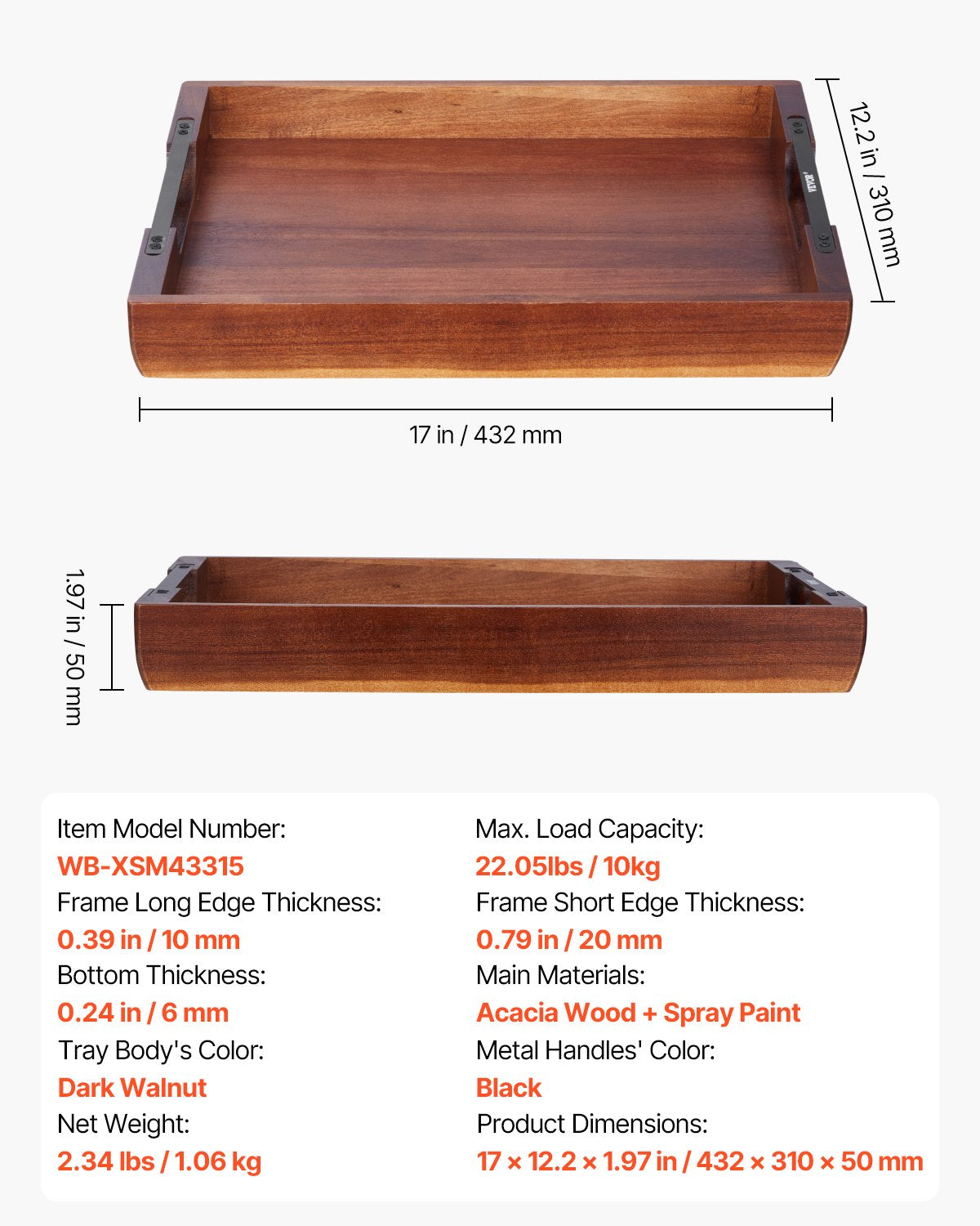 Serving Tray 17x12.2 Inch Acacia Food Serving Table Laptop Desk With H
