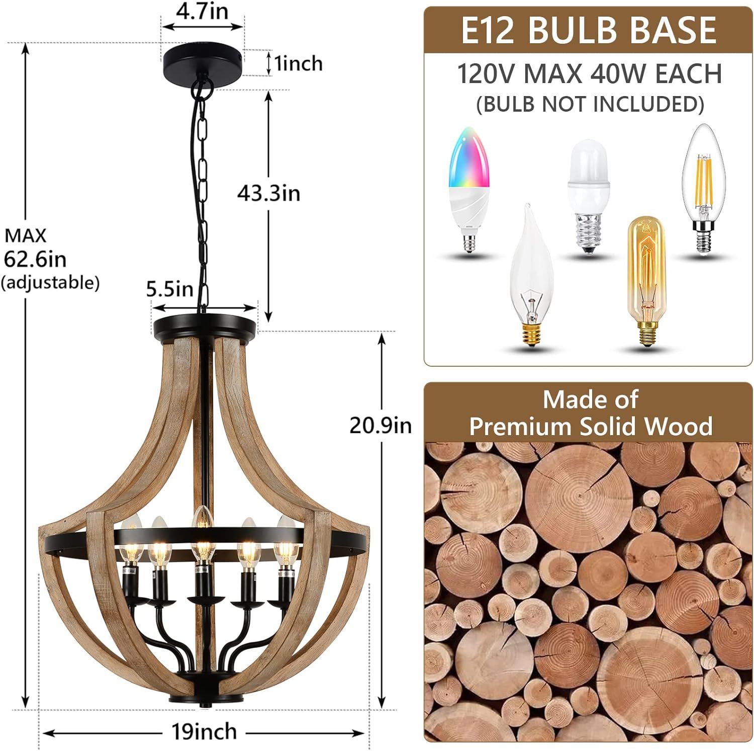 Modern Solid Wood Chandelier | Adjustable Hanging