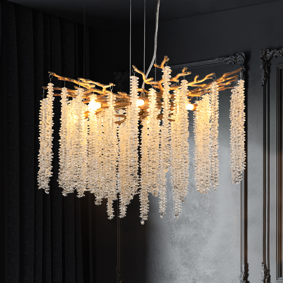 Gold Crystal Pendant Light with Cascading Strands, 24 Inch