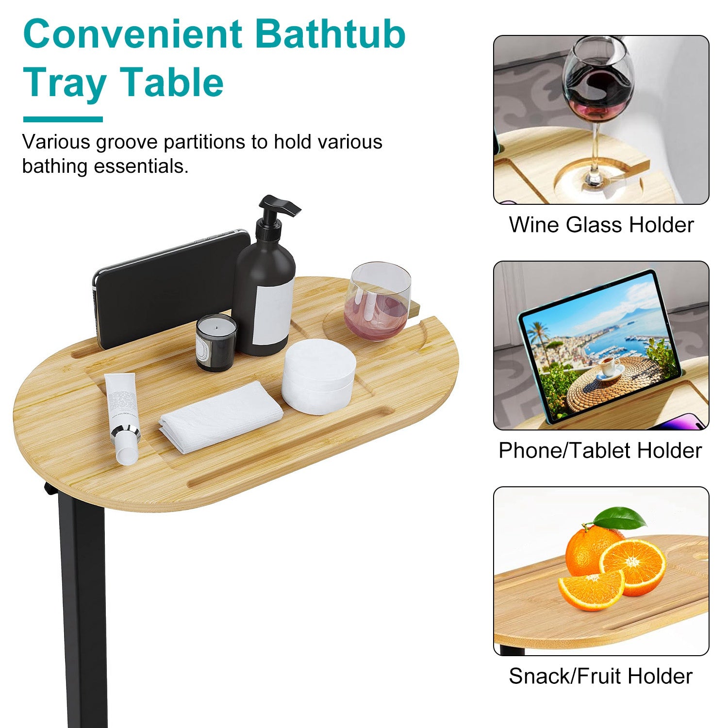 1Pc C-Shaped Bathtub Tray Table With Adjustable Height 360Degree Rotat