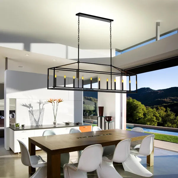 10 Lights Farmhouse Black Chandelier Rectangular Linear Pendant Lighti