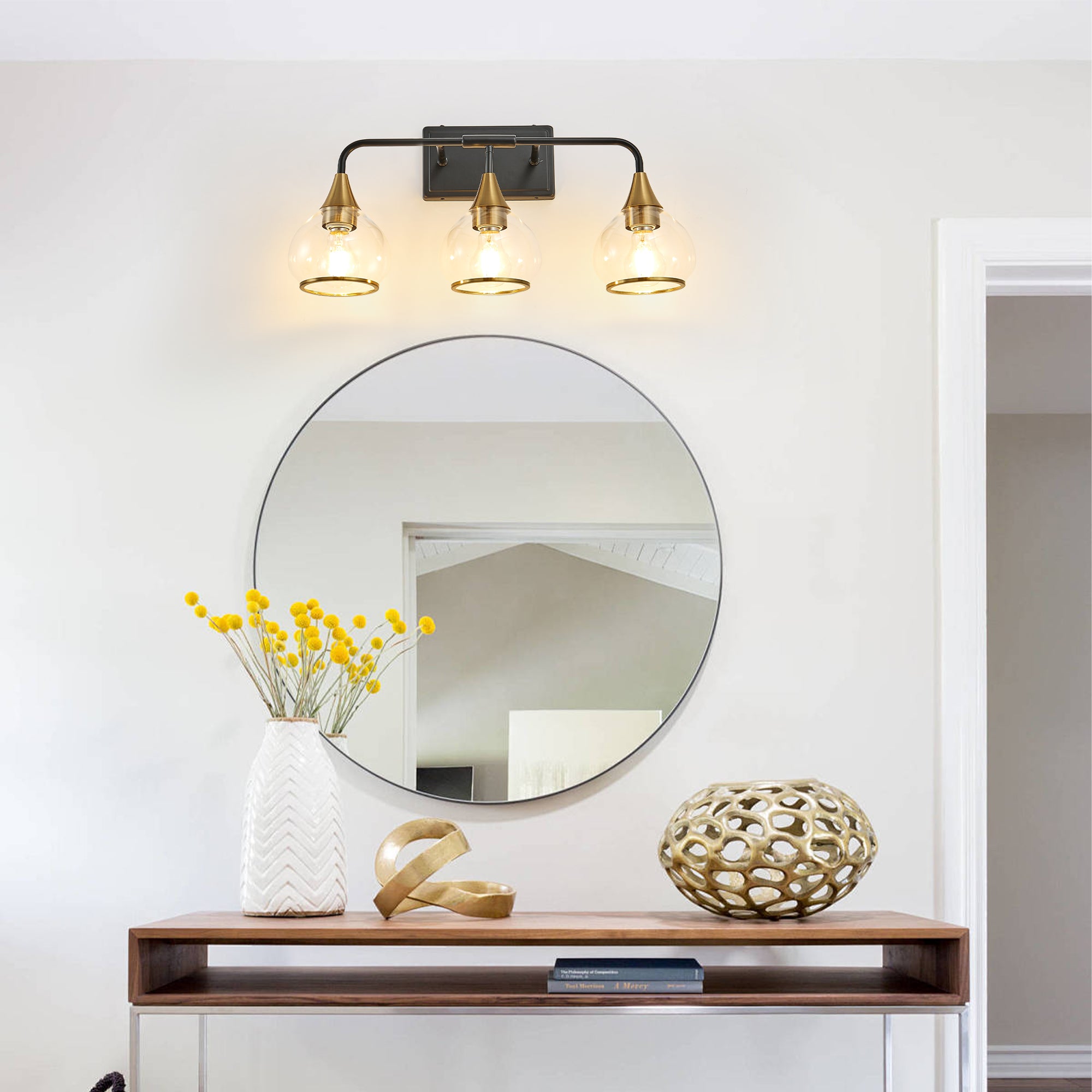 23in Modern 3-Light Vanity Wall Sconce - Black And Gold Bathroom Light