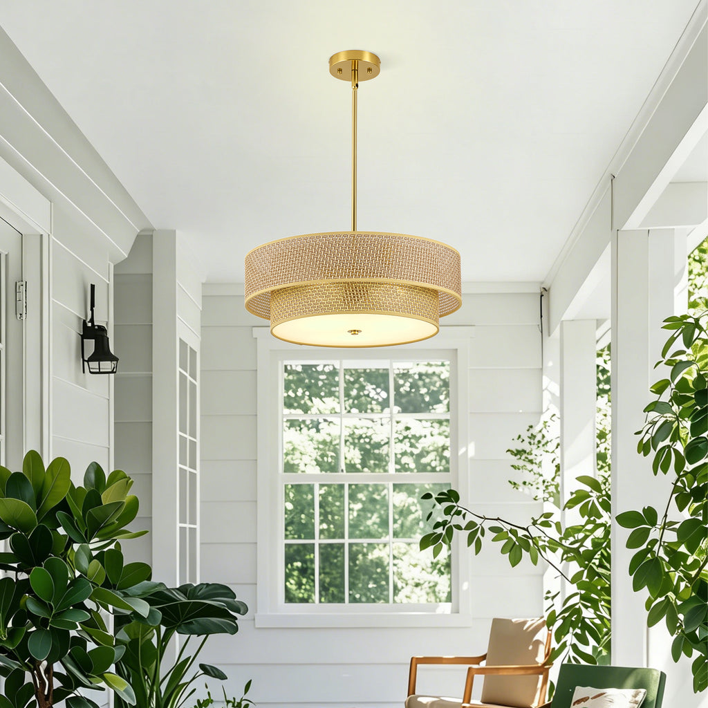 Woven Rattan Semi Flush Mount Ceiling Light, Linen Shade, 17.7 Inch