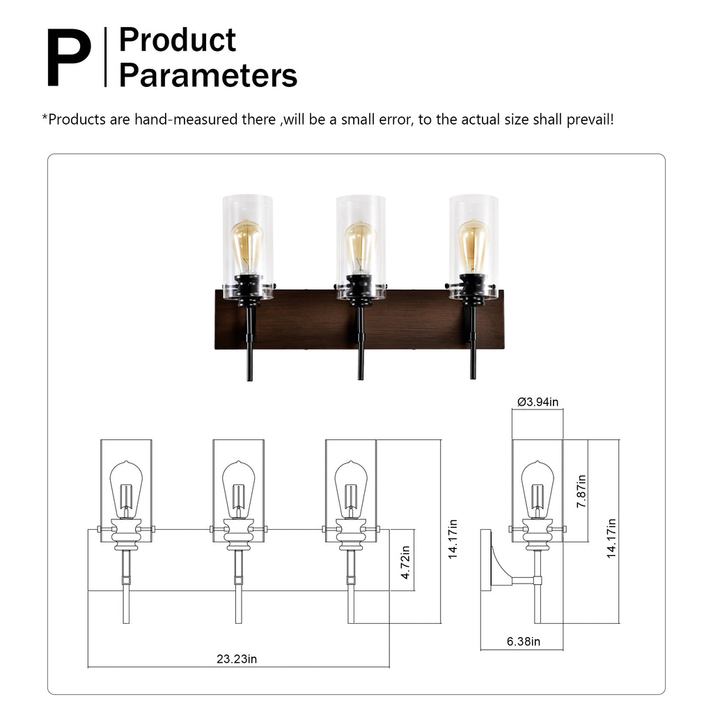 3-Light Matte Black Wood Color Bathroom Light Fixtures